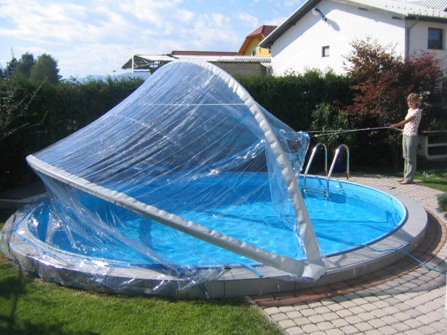 KWAD Rundpool »Timber CABRIO DOME inkl. Abdeckung zur Reduzierung des Pflegeaufwandes«, (Set, 5 tlg.), 5-tlg., Höhe: 132cm, blaue Innenfolie