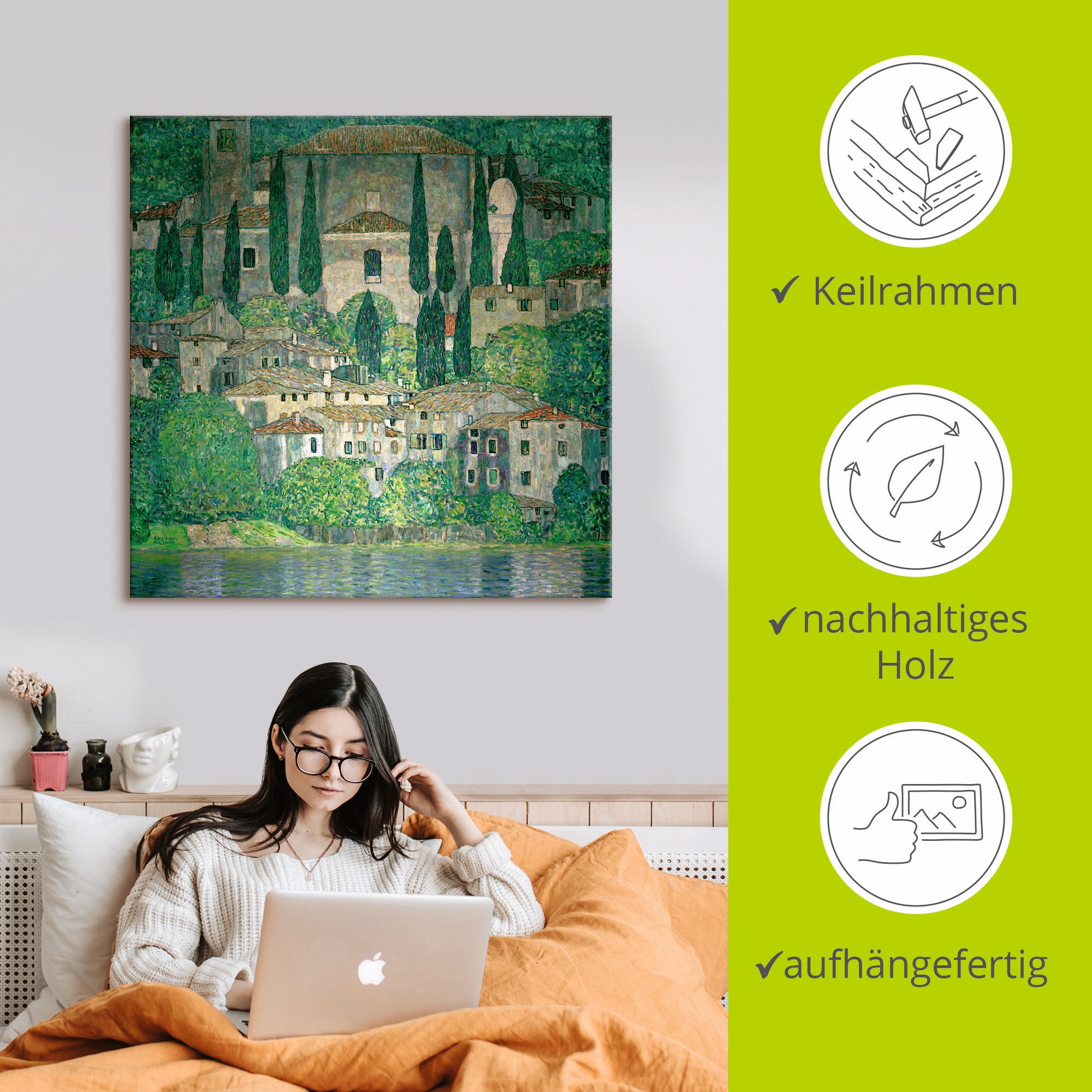 Artland Leinwandbild »Kirche in Cassone (Landschaft mit Zypres« Europa 1 Stk. tlg. auf Holzrahmen gespannt