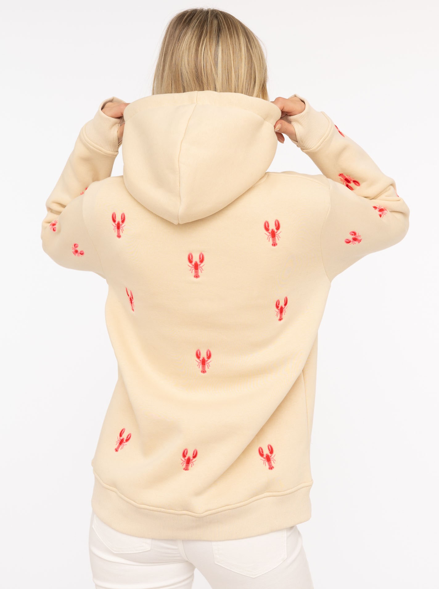 Zwillingsherz Kapuzensweatshirt, Hummer-Stickerei, Kapuze, Kordelzug, Baumwollmix