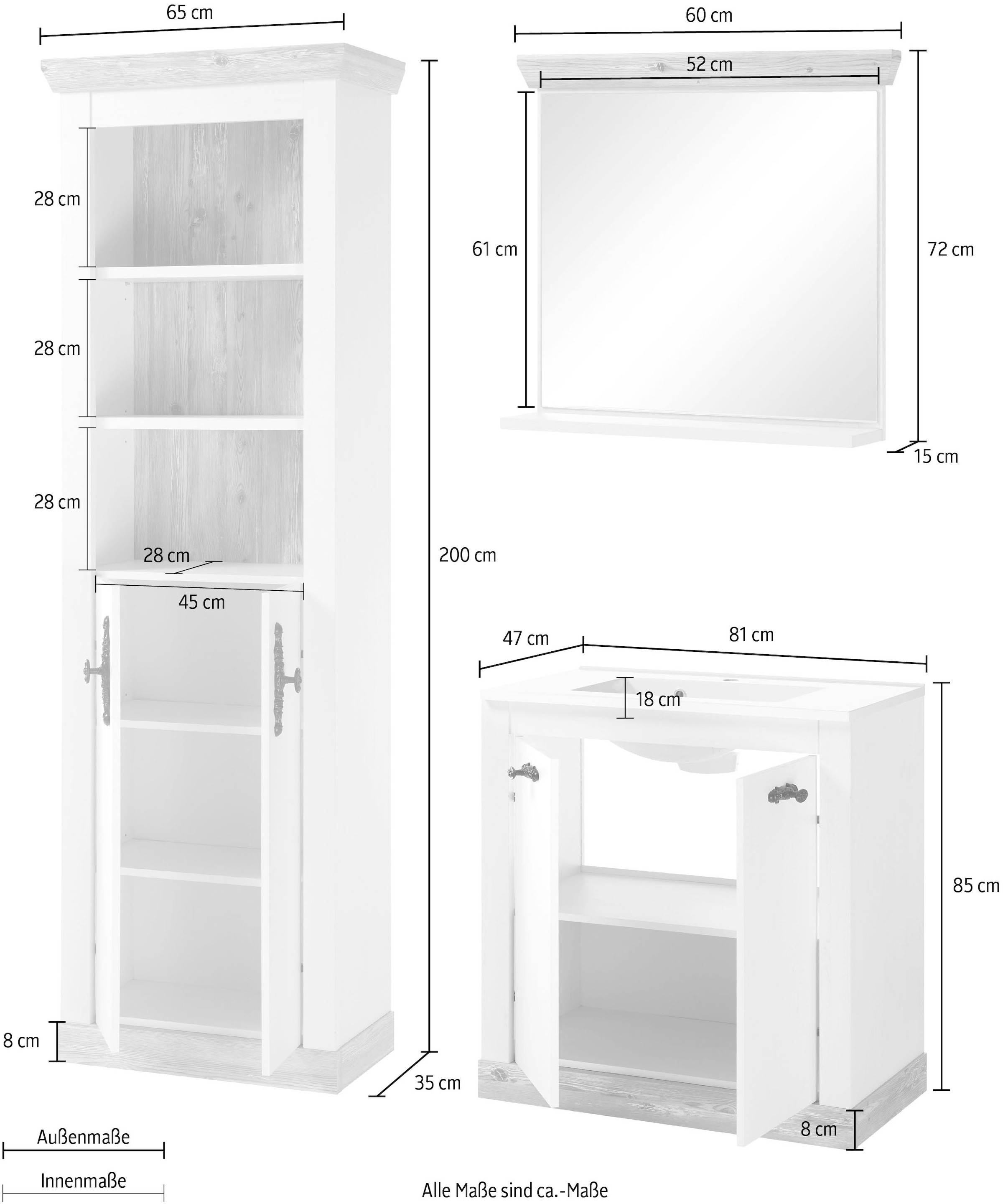 Home affaire Badmöbel-Set »Florenz, Bad im Landhausstil, 3-teiliges Badezimmer«, (3 St.), Waschtisch, Schrank und Spiegel mit Ablage, in Pinie Weiß, Stauraum