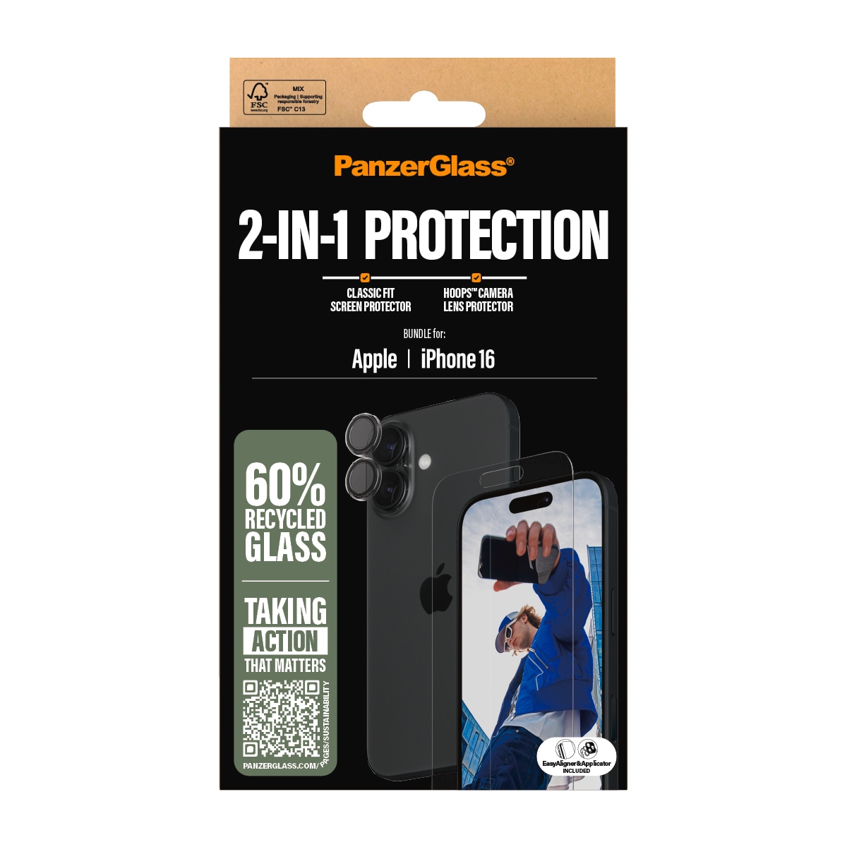 PanzerGlass Displayschutzglas »2-in-1 Protection, Glass, Lens Protector«, für Apple iPhone 16, Displayschutzfolie, Schutzfolie, Bildschirmschutz, kratz- & stoßfest