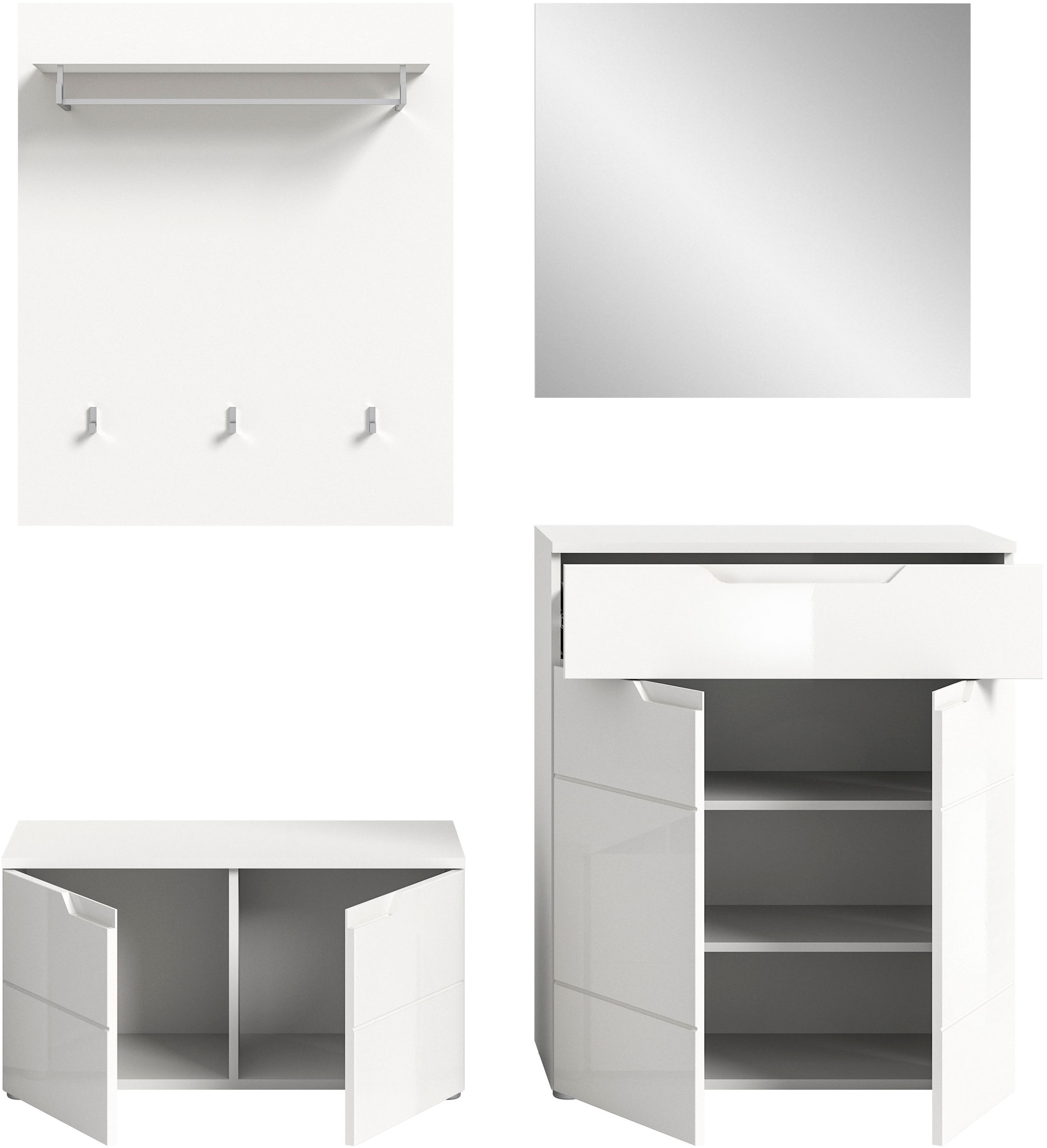 INOSIGN Garderoben-Set »CAPRI, 4-teilig, mit eingefasster Griffmulde, bestehend aus:«, (4 St.), Sitzbank, Garderobenpaneel, Schuhkommode und Garderobenspiegel