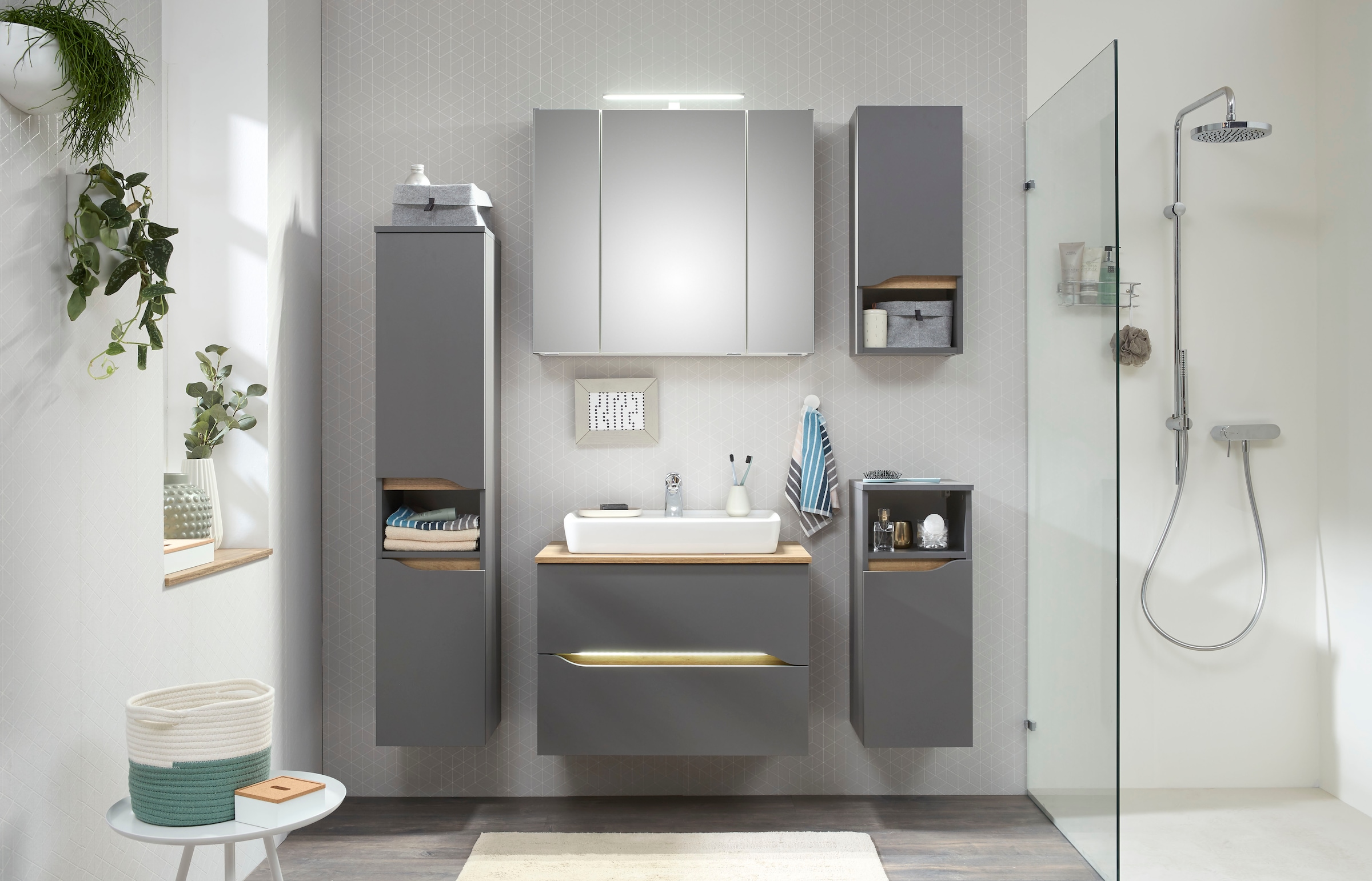 Saphir Badmöbel-Set »Quickset 5-teilig, Keramik-Aufsatzbecken und LED-Spiegelschrank« 8 Stk. tlg.