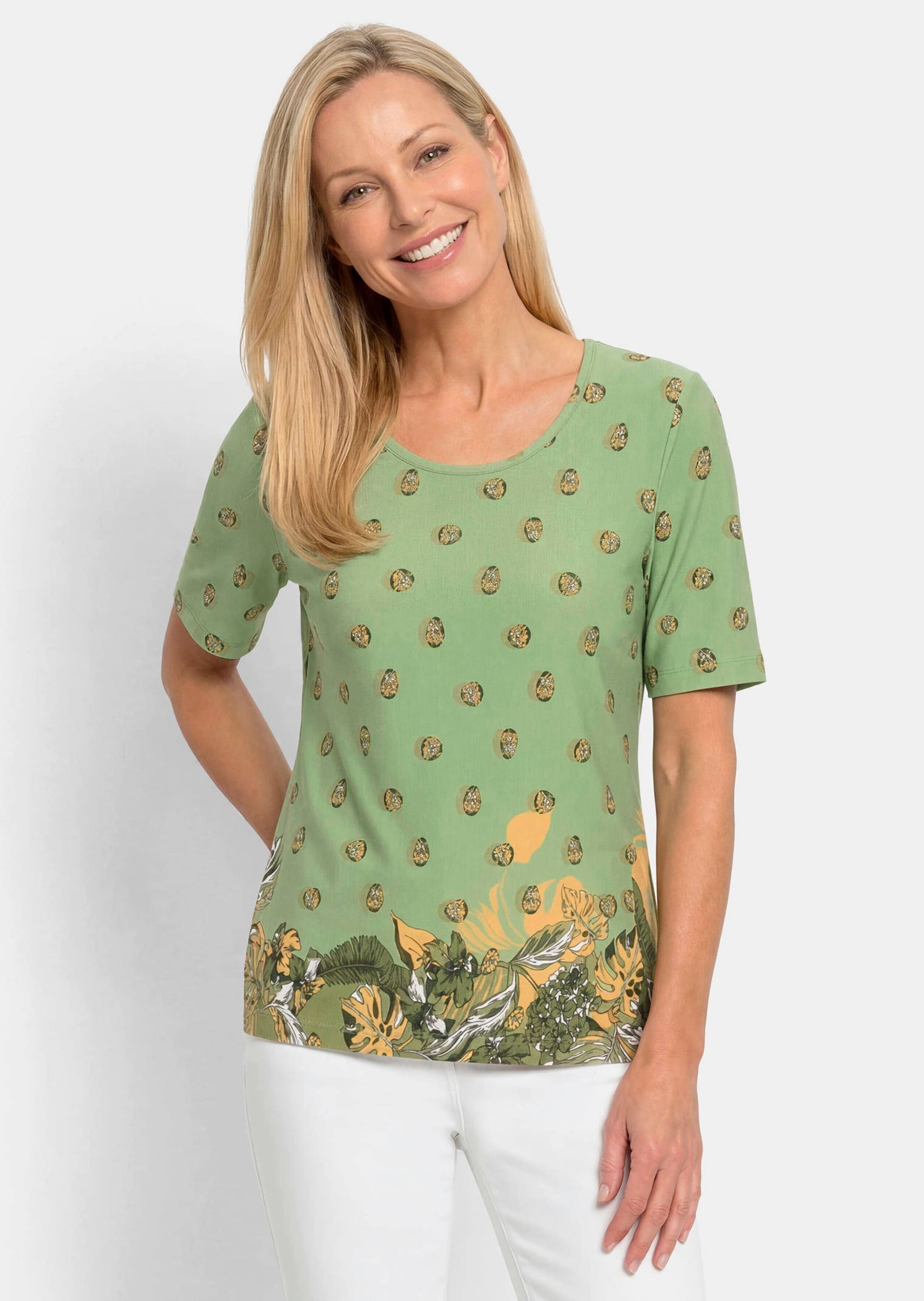 GOLDNER Kurzarmshirt »Viskoseshirt mit Blüten- und Blätter-Print« stretchbequemer Viskosejersey