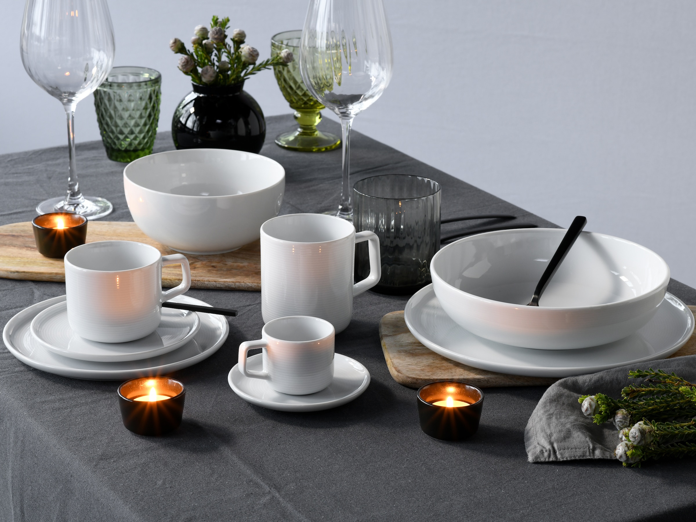 CreaTable »Session, Service, 30-tlg.« Teller ohne Fahne mit großem Spiegel, Elegantes Rillenrelief