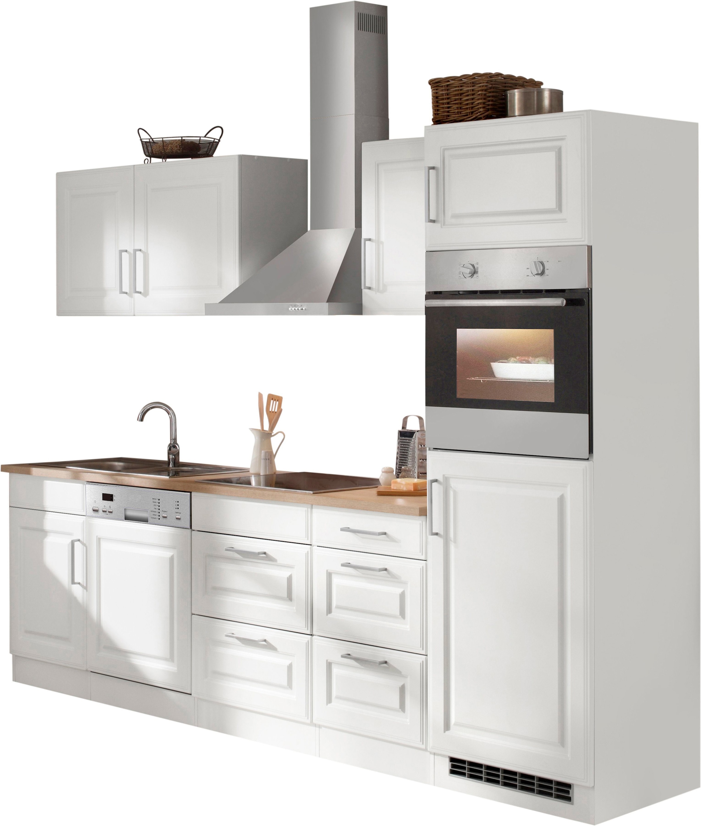 KOCHSTATION Küchenzeile »KS-Stockholm – Küche mit hochwertiger und detailreicher Landhausfront« Breite 280 cm, wahlweise mit E-Geräten,mit MDF-Fronten