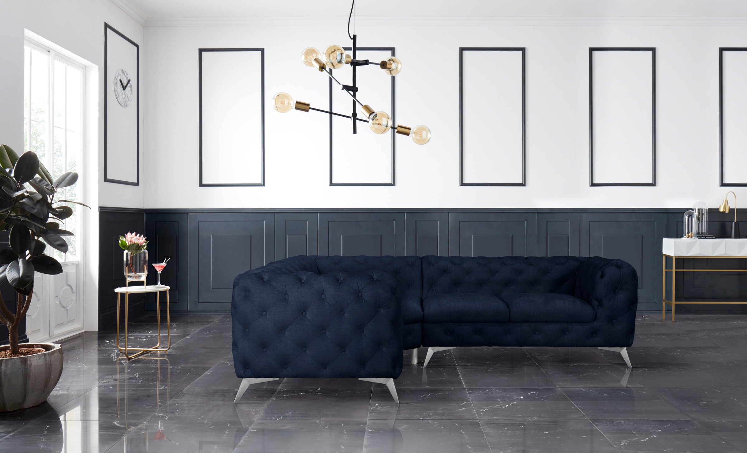 Leonique Chesterfield-Sofa »Ecksofa GLYNIS L-Form mit Wellenunterfederung, Maße B/T/H 264/204/75cm«, aufwändige Knopfheftung, moderne Chesterfield Optik, Fußfarbe wählbar
