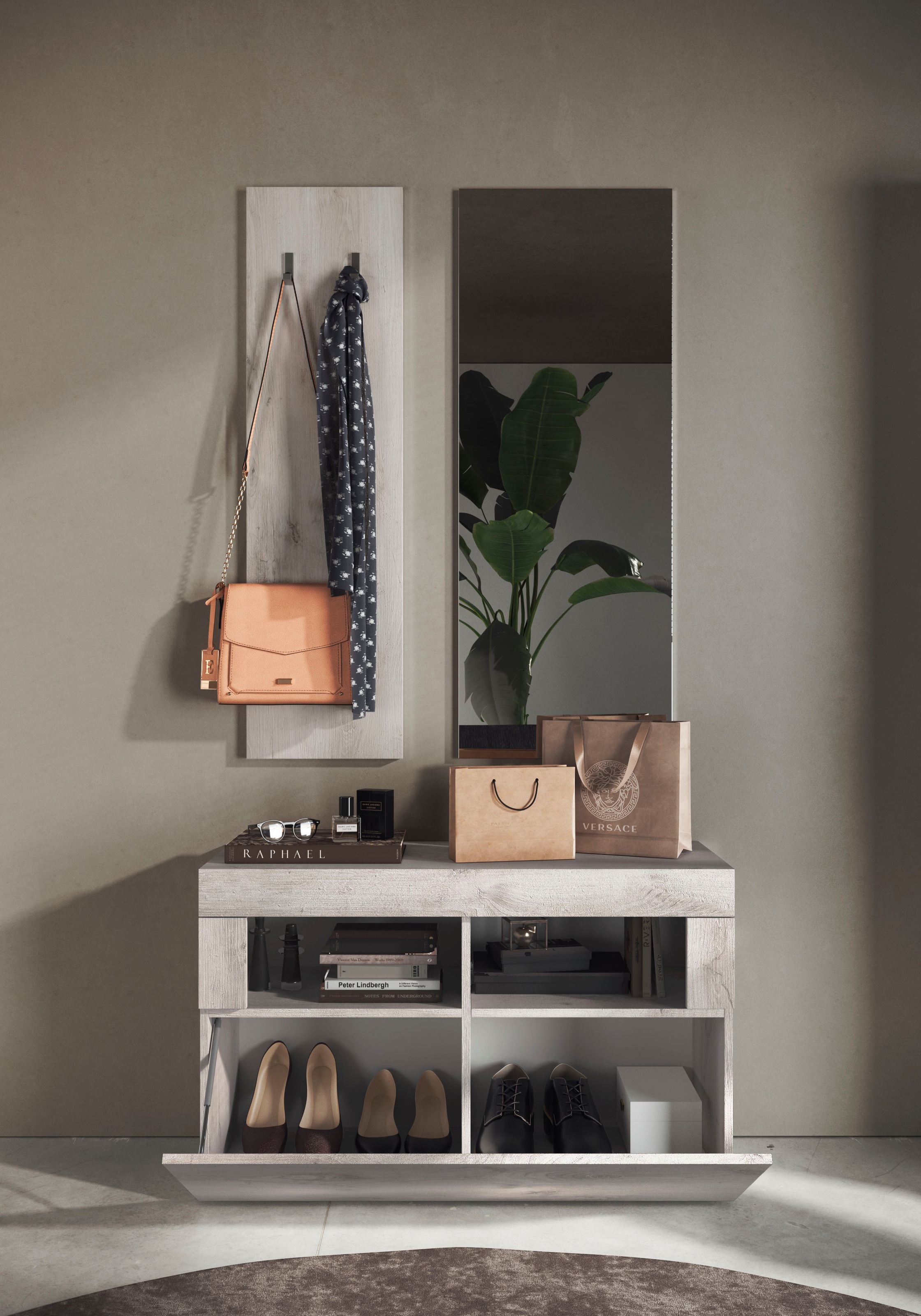 INOSIGN Garderoben-Set »Basic 3tlg. Breite 91 cm, Höhe 187 cm, Wandgarderobe«, (3 St.), (Schuhbank, Garderobenpaneel, Spiegel), Pinie Weiss NB