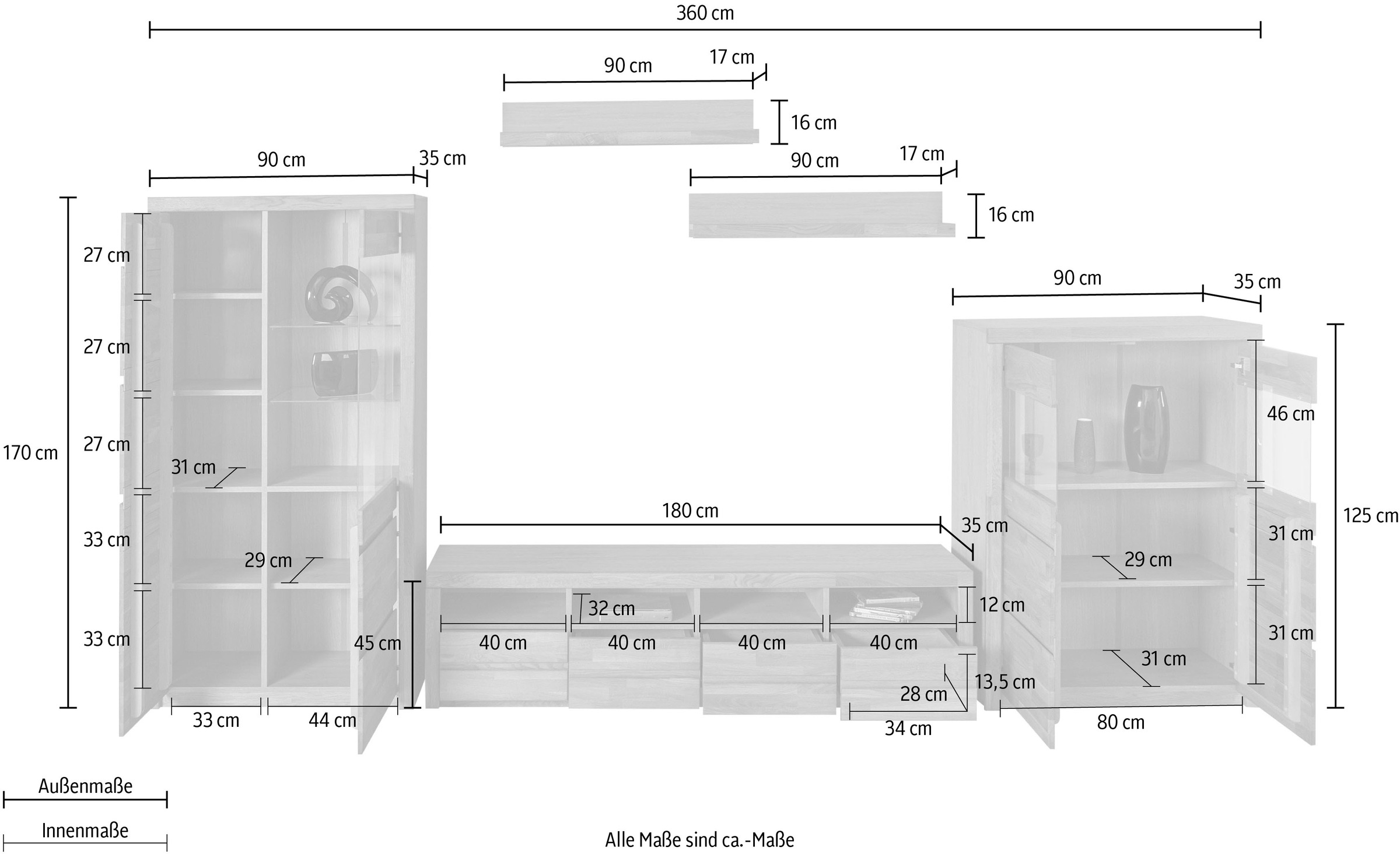 Home affaire Wohnwand »Silkeborg«, (Set, 5 St.), teilmassiv mit schöner, griffloser Optik