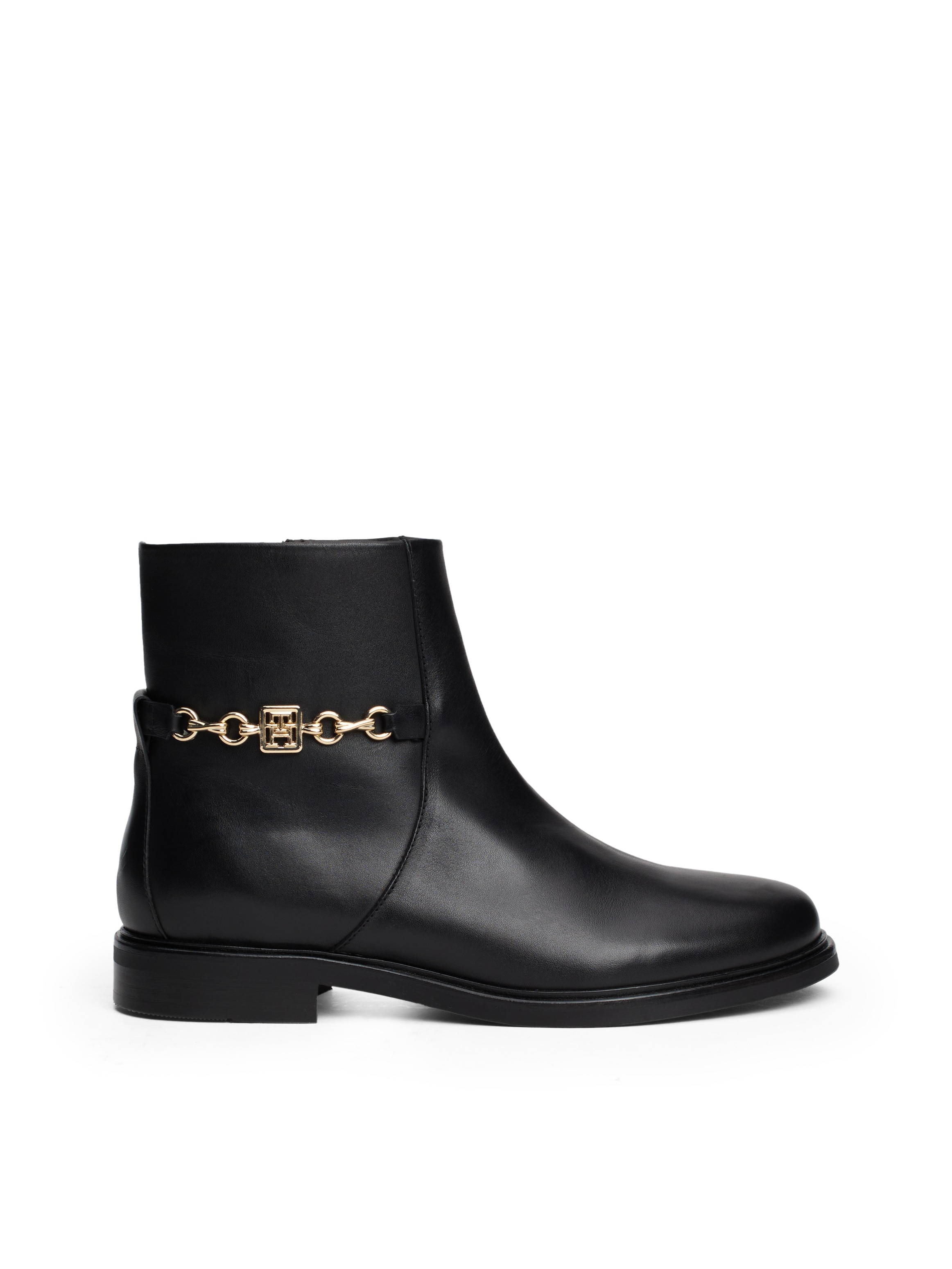 Tommy Hilfiger Stiefelette »TH CHAIN LEATHER LOW BOOTIE«, Blockabsatz, Businesschuh, Ankleboots mit goldfarbener Zierkette