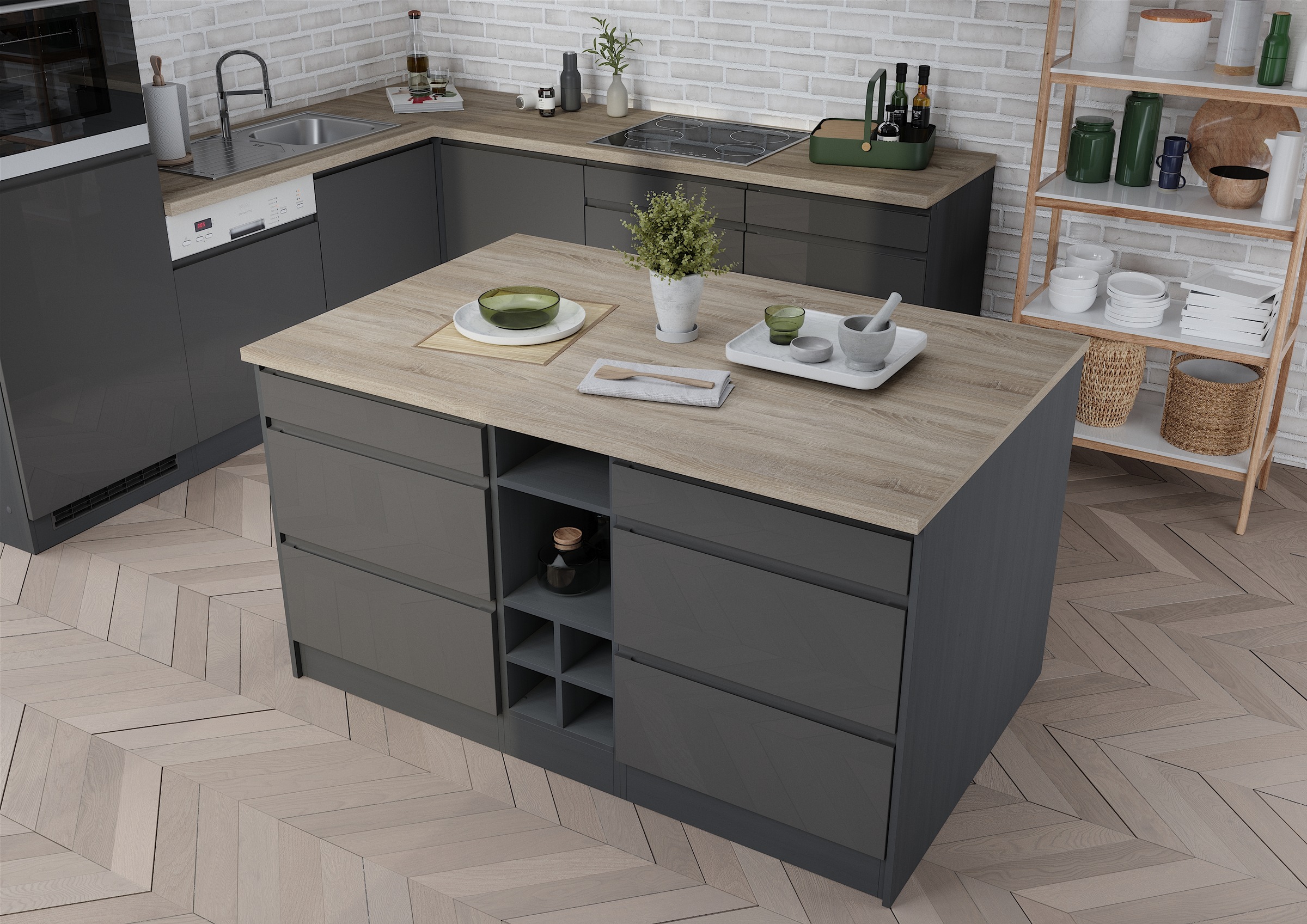 KOCHSTATION Kücheninsel »KS-Virginia«, Breite 153 cm, MDF-Fronten, Flaschenregal