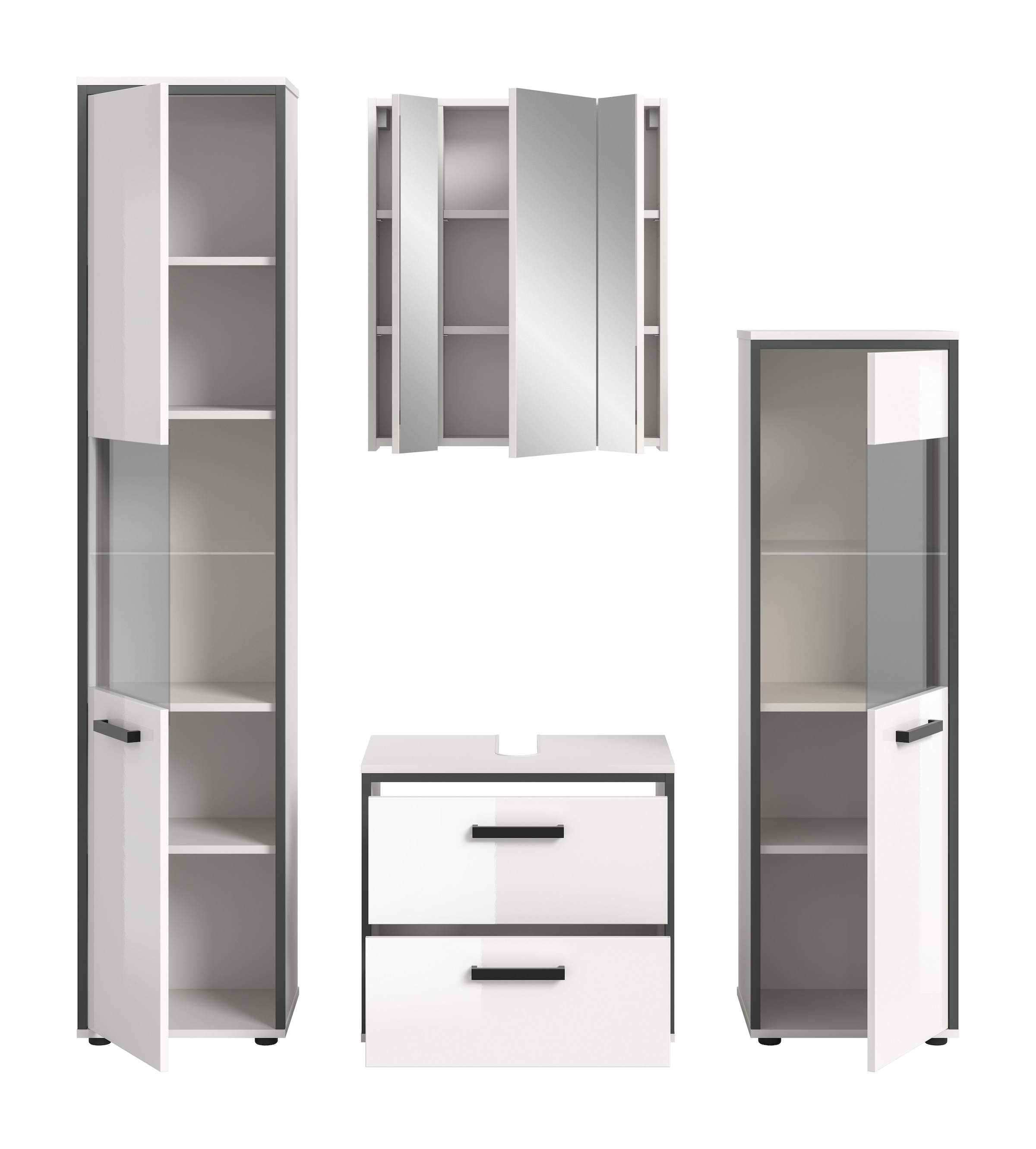 welltime Badmöbel-Set »KAJO, 4-tlg. Badkombination, weiß hochglanz« Set, Set, best. aus:1Hochschrank,1Spiegelschrank,1WBU,1Midischrank, 4 Stk. tlg.