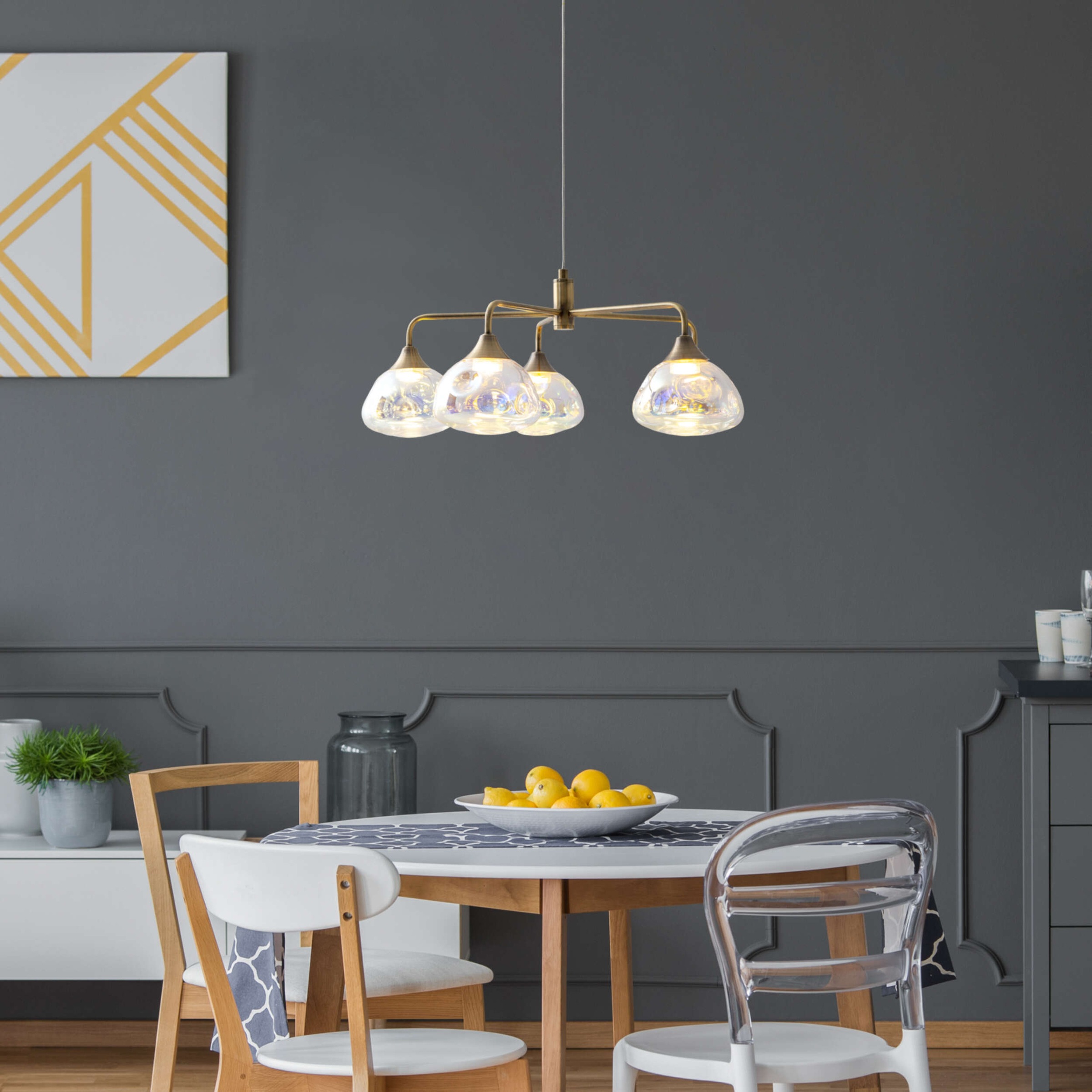 näve LED Pendelleuchte »Varna« LED-Modul 1 Stk. Warmweiß 5 flg., irisierende Gläser, Gestell messingfarben, warmweißes Licht