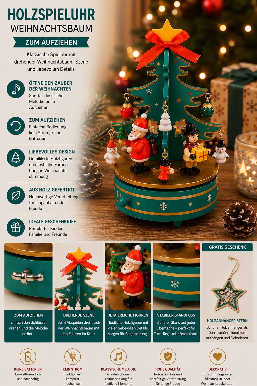 OTTO home Spieluhr »Weihnachtsbaum festlich« Weihnachtsbaum aus Holz , Aufziehschlüssel, extra Anhänger, Melodie