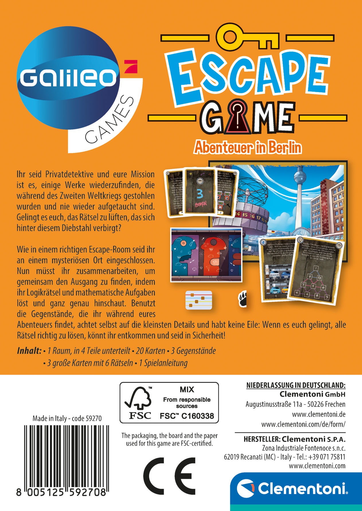 Clementoni® Spiel »Galileo, Escape Game Abenteuer in Berlin«, Made in Europe, FSC® - schützt Wald - weltweit