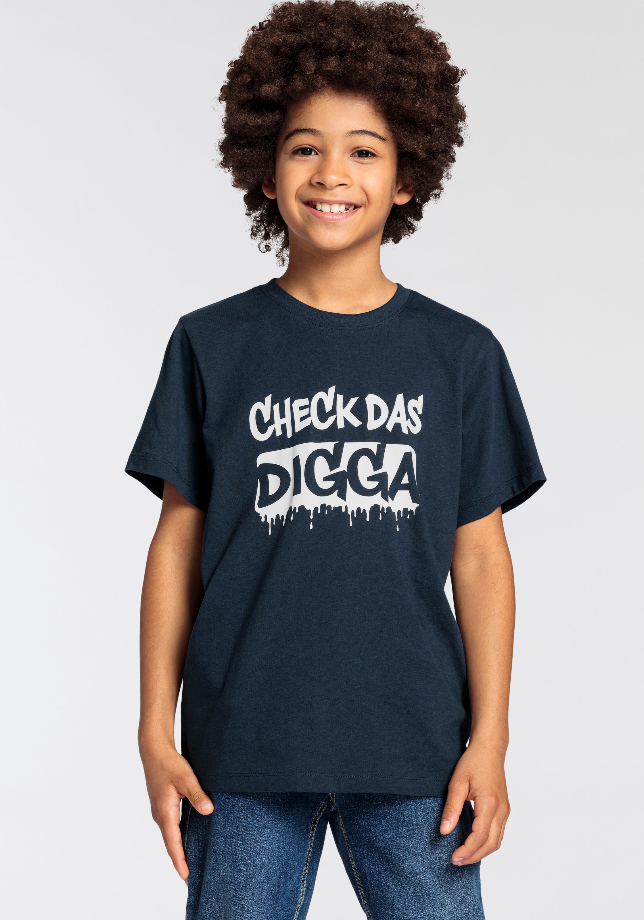 »CHECK DIGGA«, Jungen bei für bestellen DAS KIDSWORLD Sprücheshirt OTTO T-Shirt