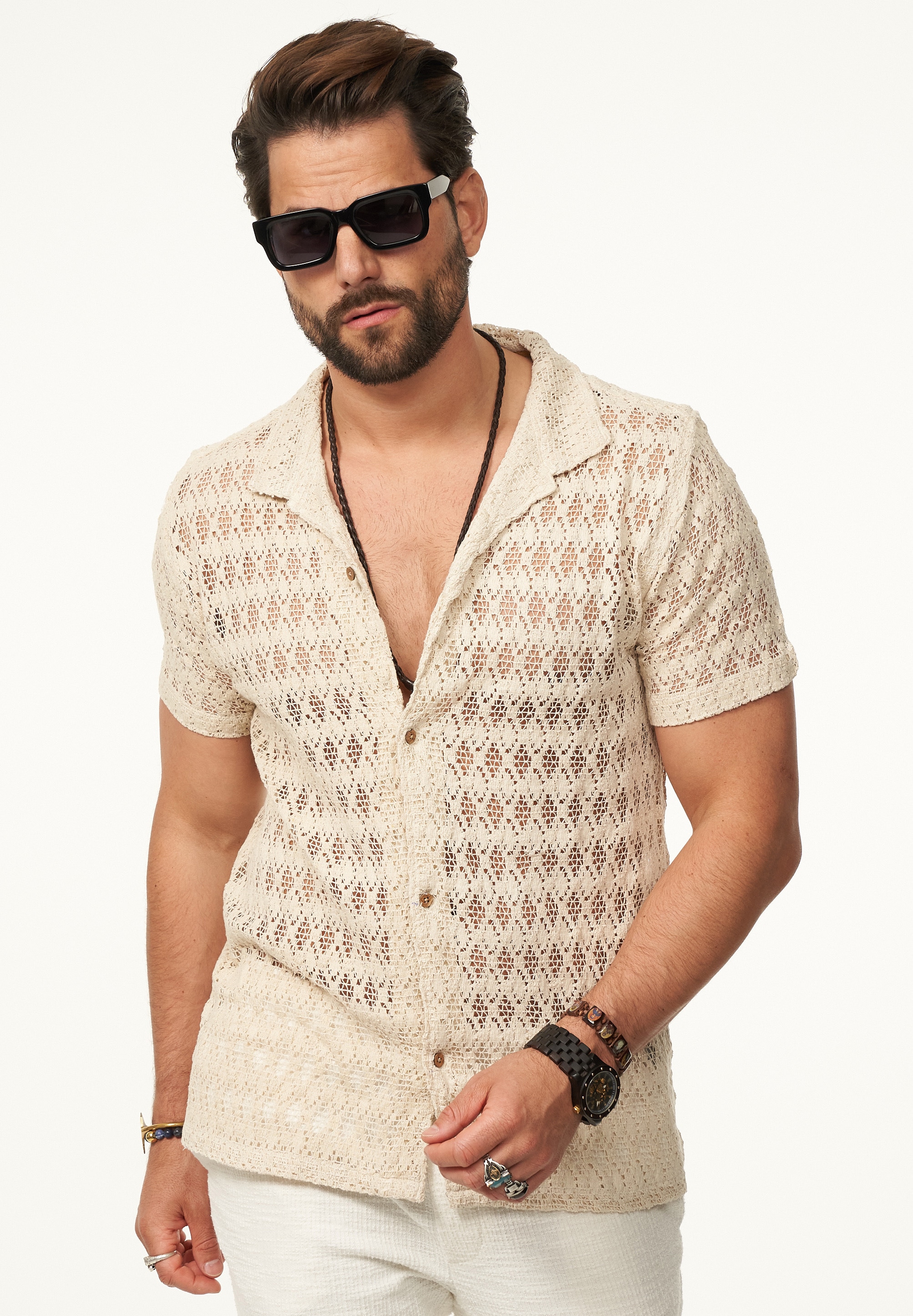 SOULSTAR Kurzarmhemd »Freizeithemd als Kurzam Strick Hemd im Retro-Look - Strick Polo-Hemd Overshirt im Regular-Fit für Herren« Herren Kurzarm Strick Polo-Hemd T-Shirt