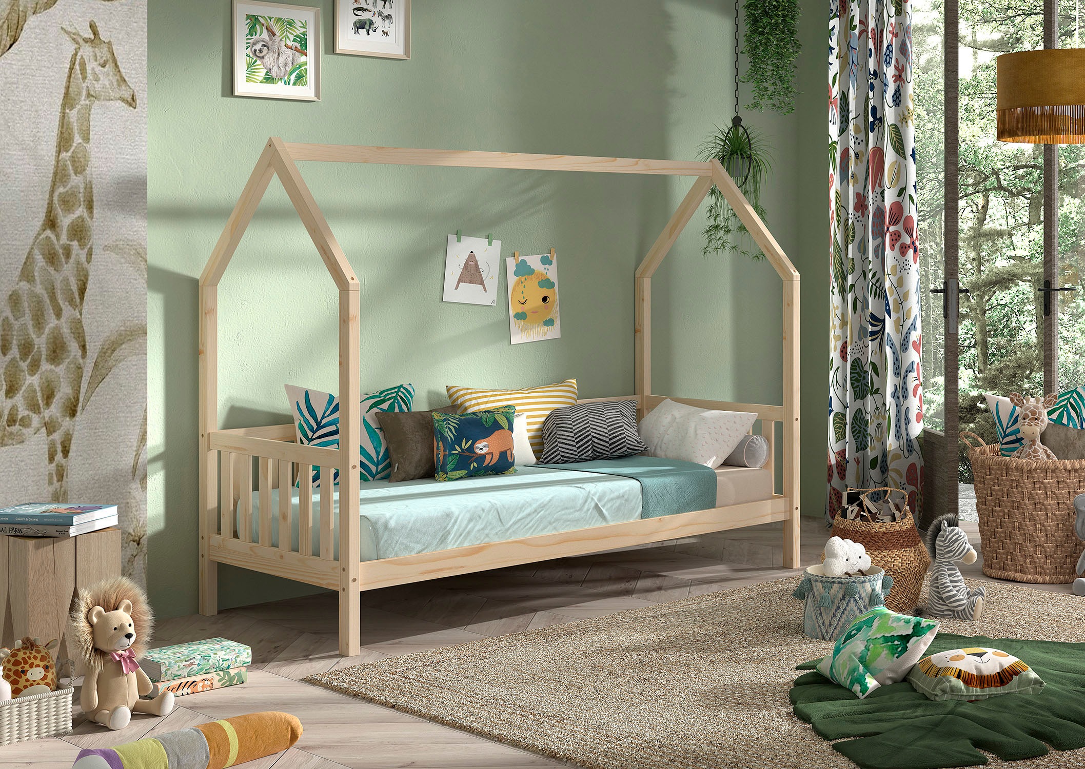 Vipack Hausbett »Cabane, mit Dachaufbau und Sprossenumrandung in Landhaus-Optik«, (B/H/T ca. 208x169x98 cm) aus massiver Eiche, Oberfläche Natur), sehr stabil und standfest gebaut inkl. Massivholz Rolllattenrost