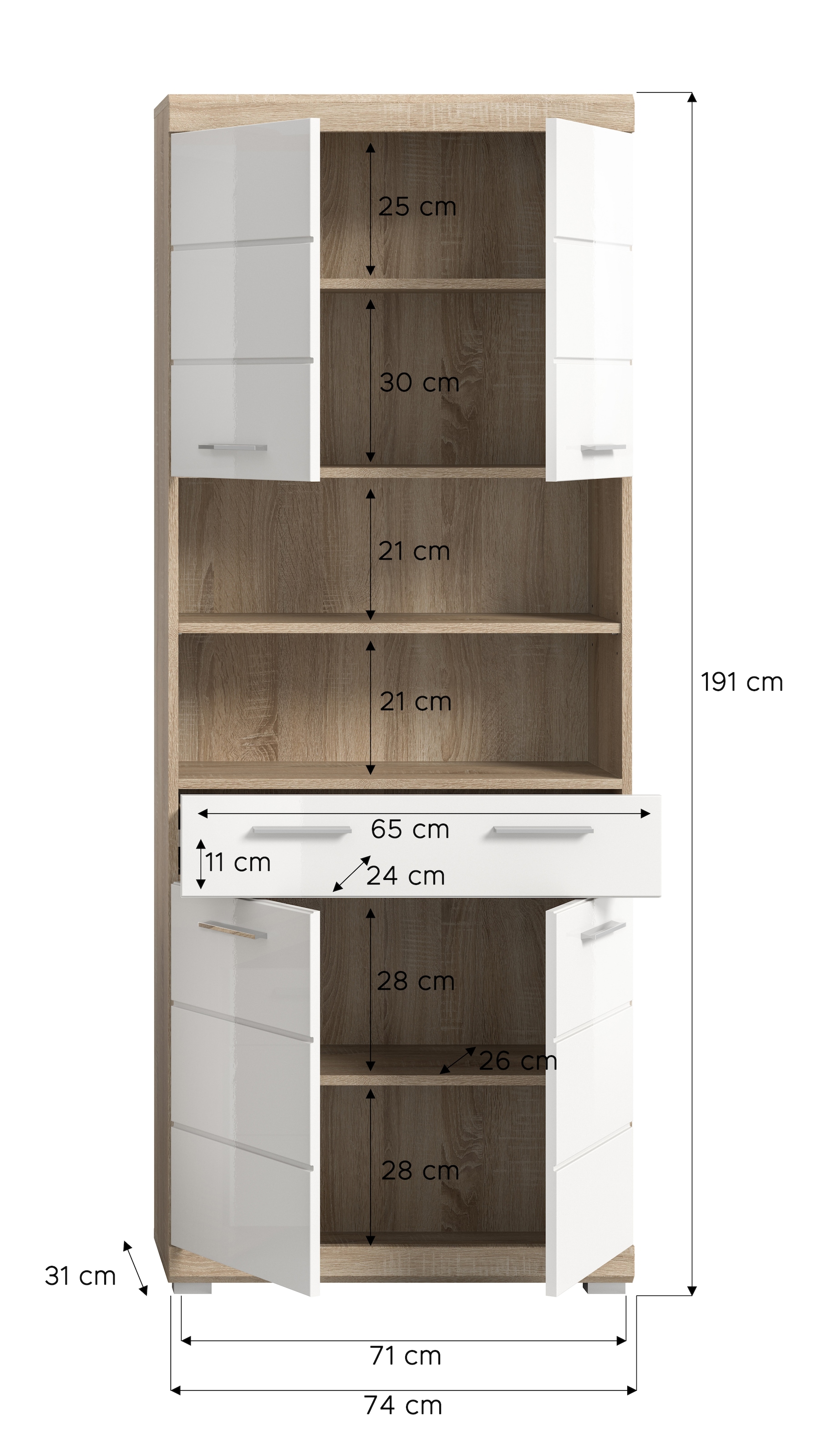 INOSIGN Hochschrank »Siena, Breite 74cm, 4 Türen, 1 Schubkasten, 2 offene Fächer, MDF-Front«, in verschiedenen Farben erhältlich, Badmöbel, Badschrank, Schrank, Bad