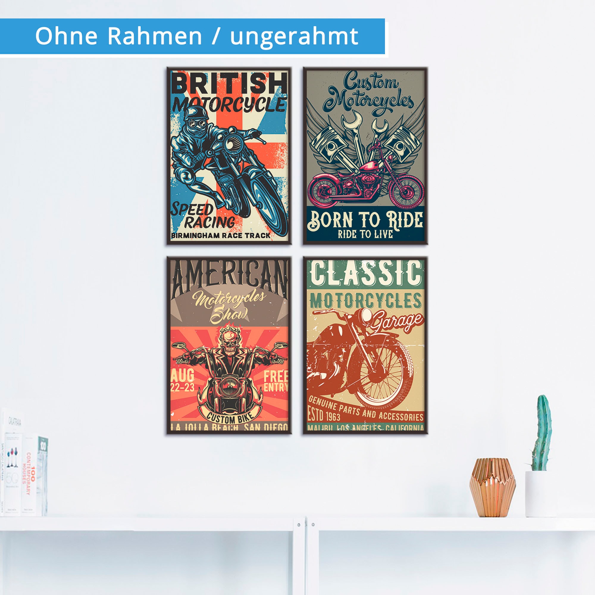 Artland Poster »Born to ride Totenkopf Motorradfahrer«, Sprüche & Texte, (4 St.), Poster, Wandbild, Bild, Wandposter