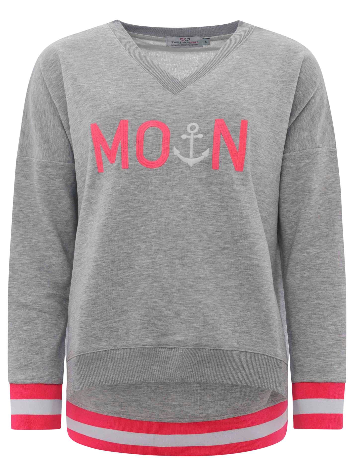 Zwillingsherz Sweatshirt, mit V-Ausschnitt und aufgesticktem "Moin" in Neonfarben