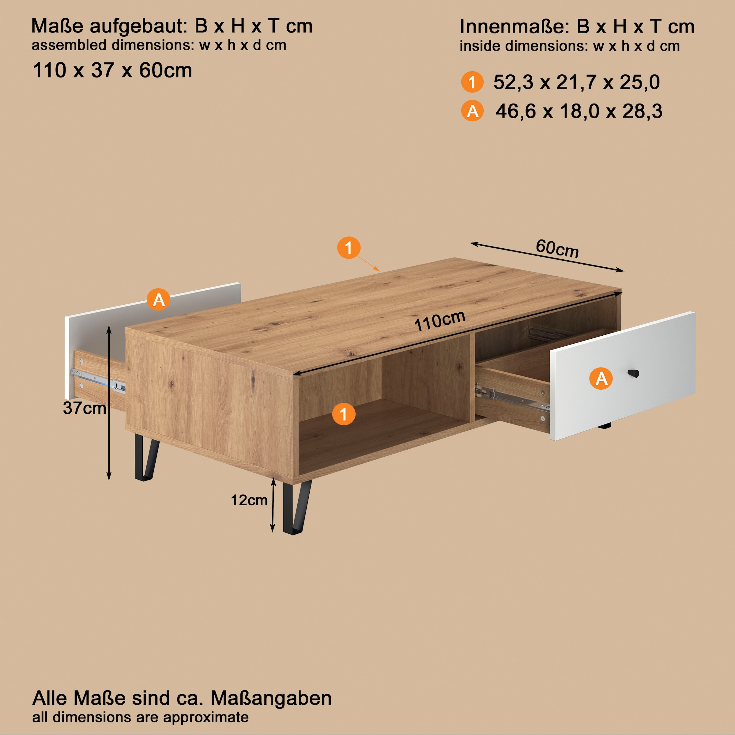 Home affaire Couchtisch »Tarragona« Couchtisch m. 2 Schub.K, 2 Fächern & Soft-Close - (B/T/H) 110/60/37 cm