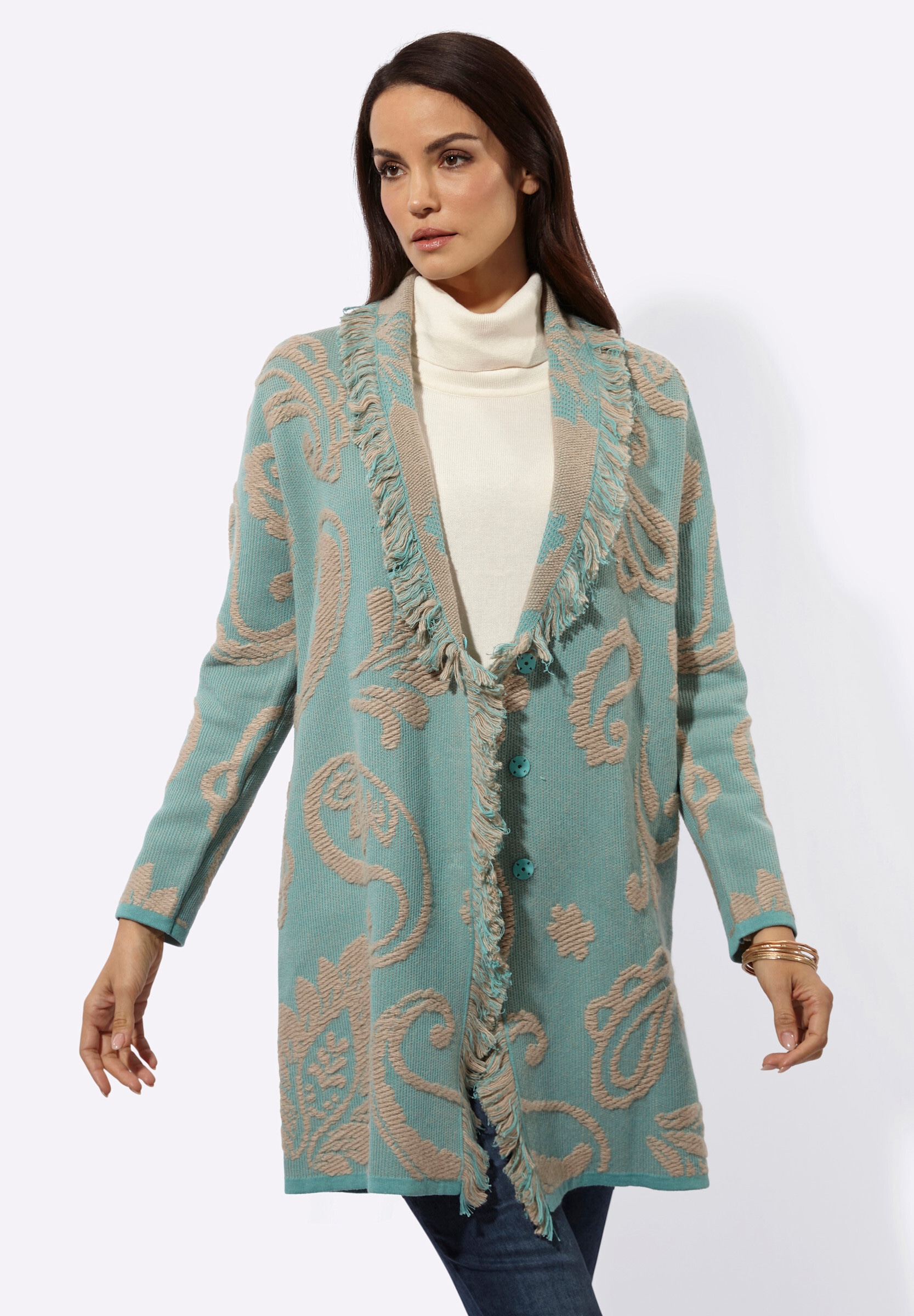 creation L Strickjacke »Jacquard-Strickjacke Cardigan mit zweifarbigen Fransen«