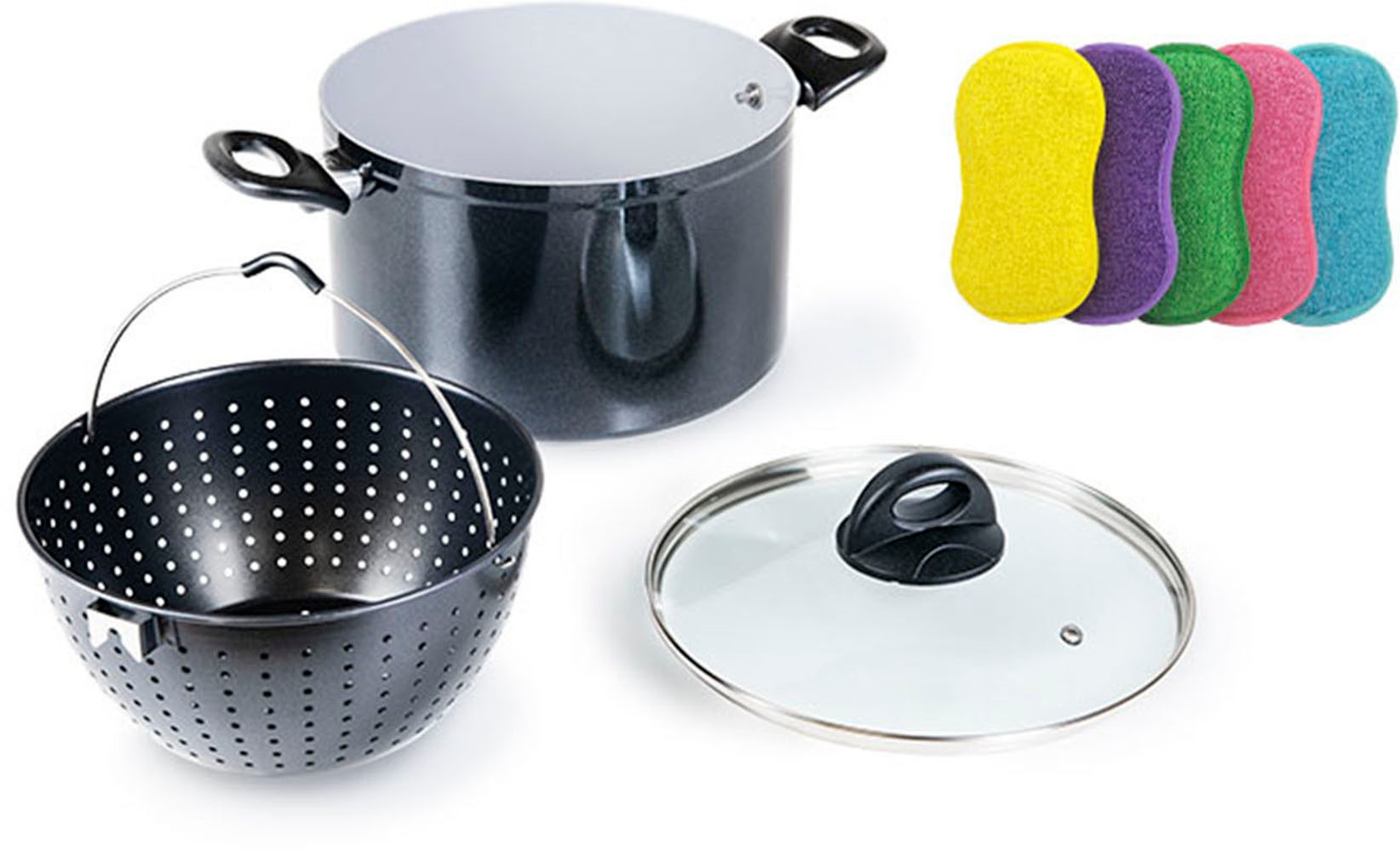 Genius Spaghettitopf »Cerafit Magic Pot«, Keramik, (Set, 8 tlg., Pot, ⌀ 20 cm, Sieb, ⌀ 20 cm, Glasdeckel, ⌀ 20 cm, Schwämme 5tlg.), direkt entnehmbares Sieb, Induktion
