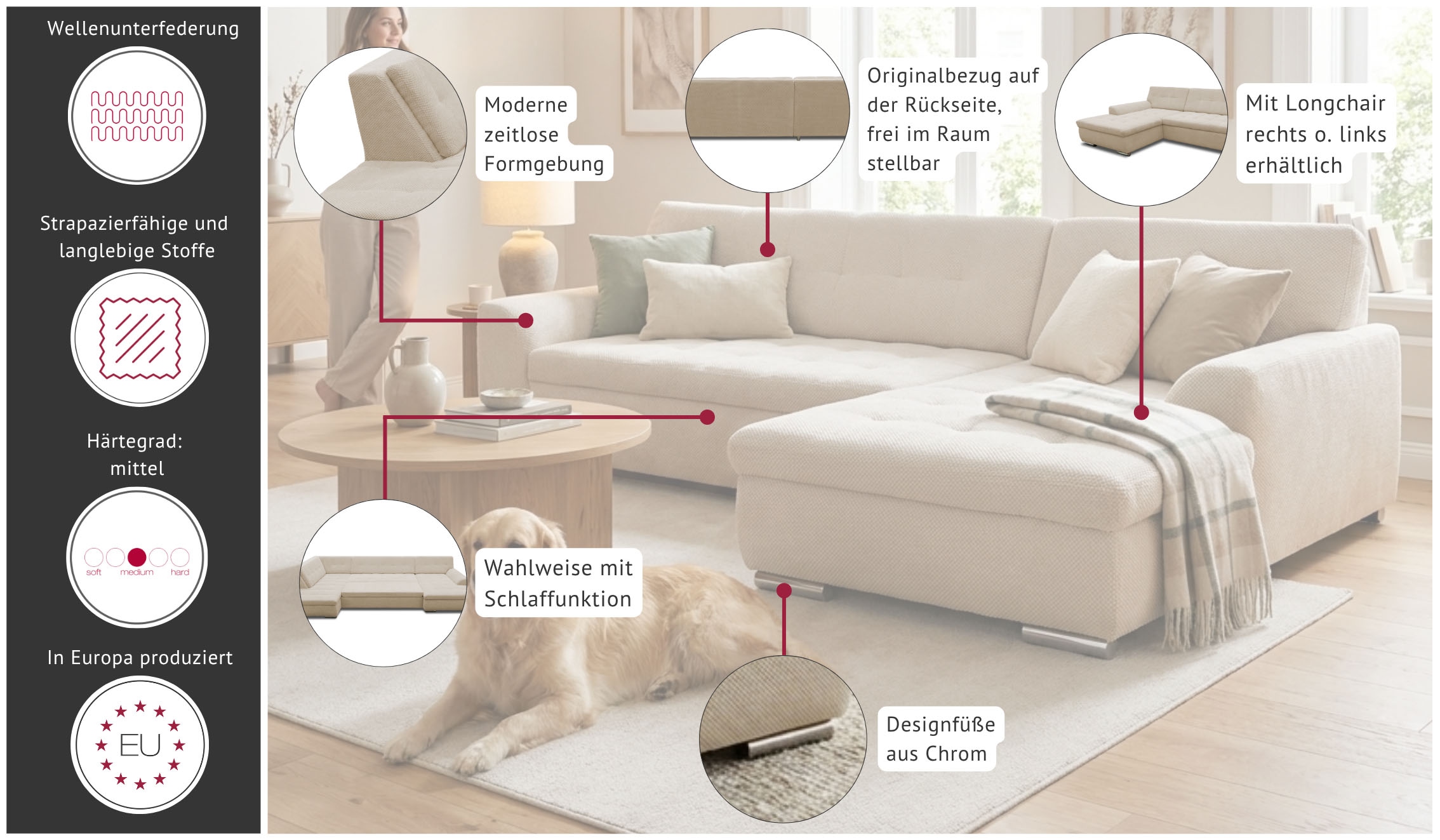 OTTO home Ecksofa »Torrnby 268 x 178 cm, mit Steppungen, modern & stabil« L-Form, aus pflegeleichtem, weichem Luxus-Microfaser
