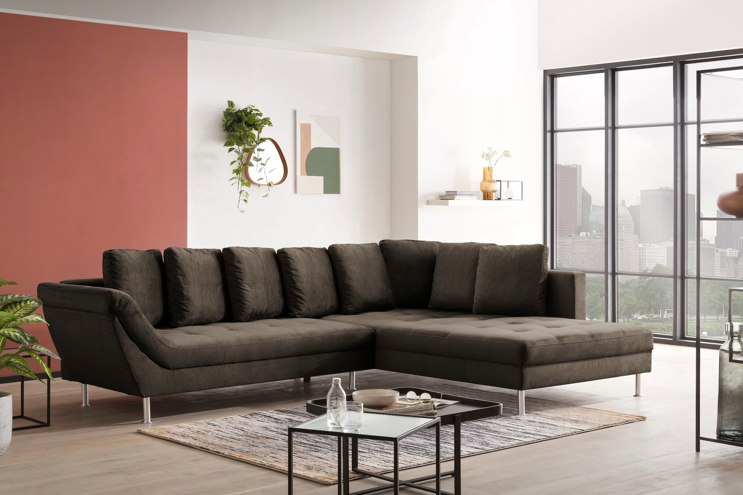 exxpo - sofa fashion Ecksofa »Laconi, extravagantes Designsofa mit tollem Sitzkomfort, L-Form«, in hochwertiger Detailverarbeitung, bequeme Armlehne, hoher Fuß
