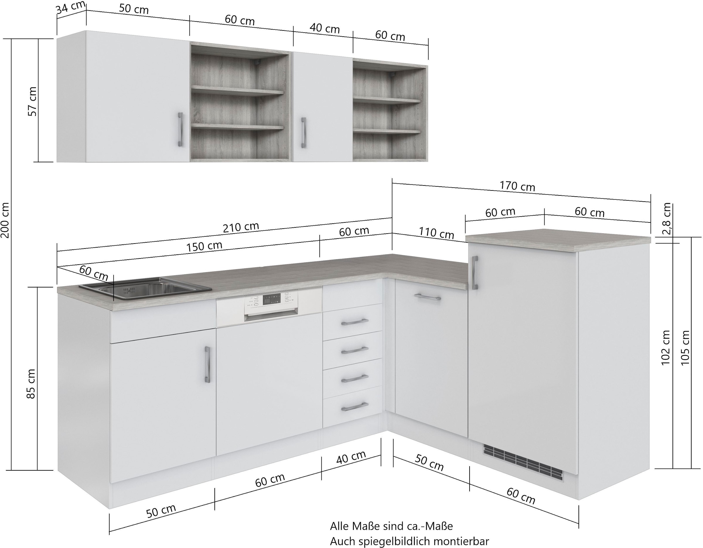 KOCHSTATION Küche »KS-Mali«, Stellbreite 210/170 cm, mit E-Geräten