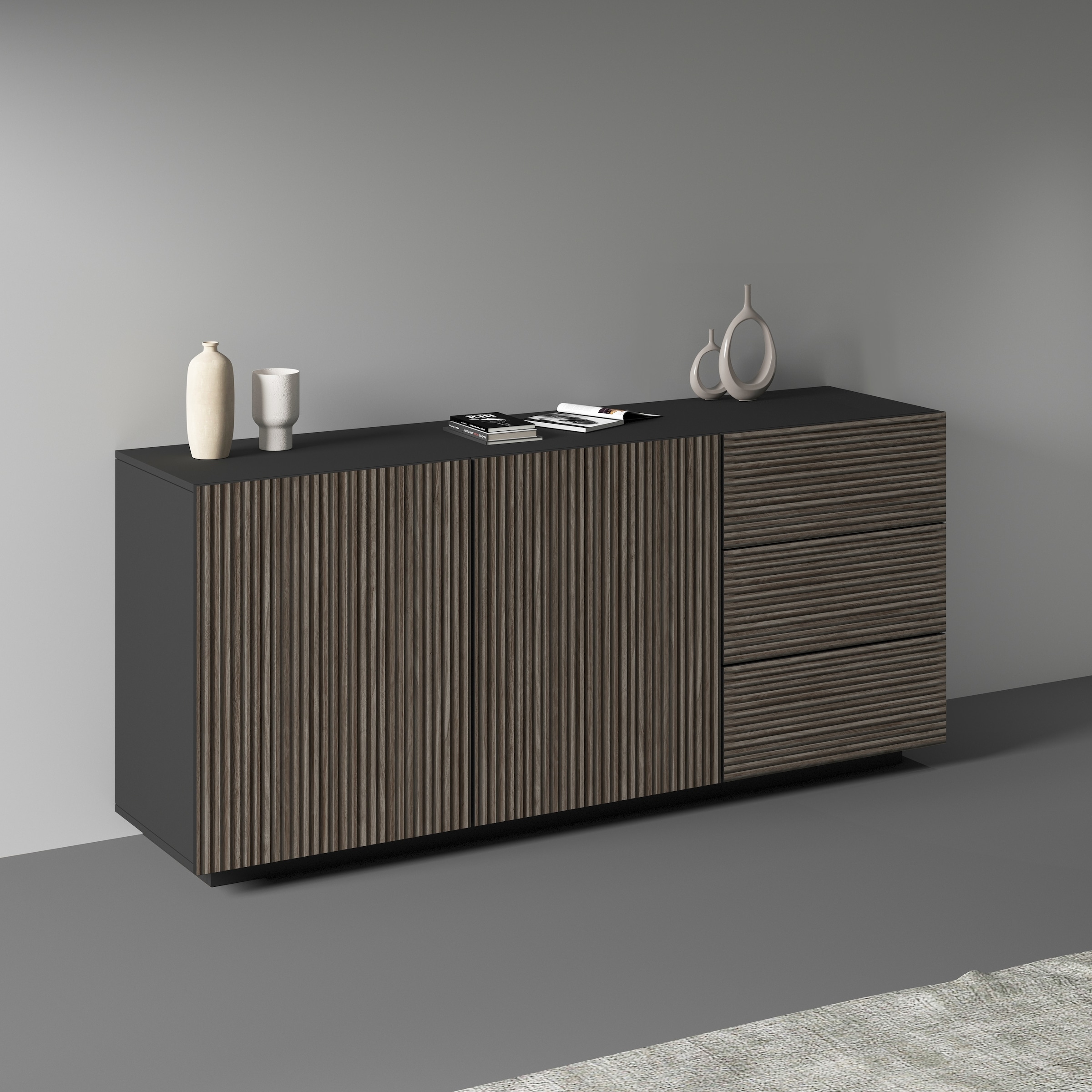 Home affaire Sideboard »Vega Sideboard,Kommode,180 cm« mit 2 Türen und 3 Schubladen,Fronten mit Rillen-Optik