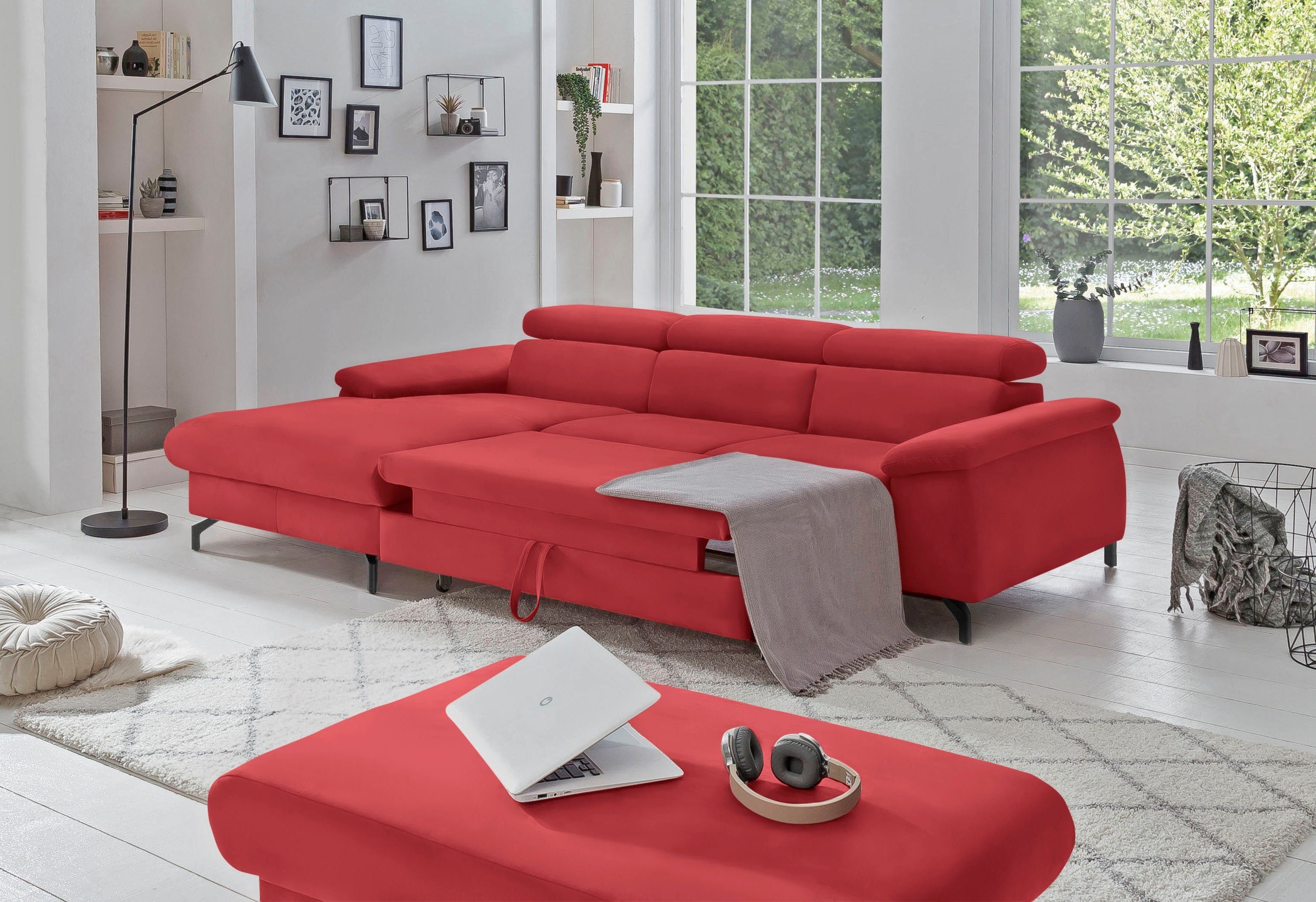 COTTA Polstergarnitur »Komaris L-Form«, (Set), Set bestehend aus: Ecksofa mit Kopfteilverstellung & Hocker