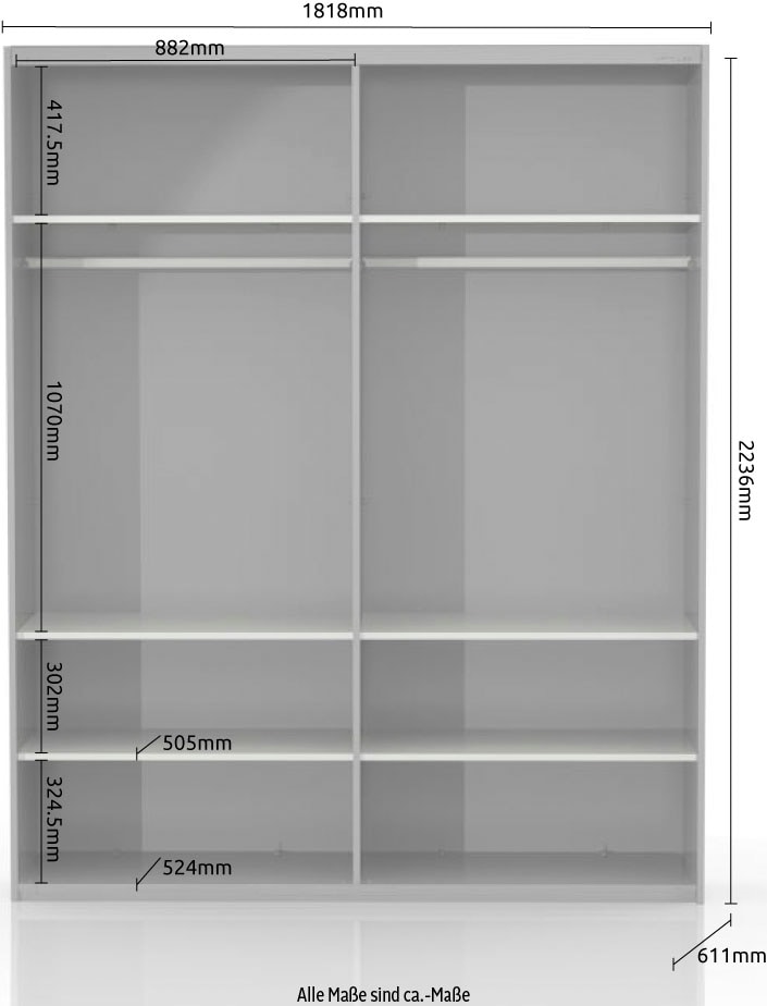 Places of Style Schwebetürenschrank »Piano, mit Einlegeböden, Kleiderstangen, Spiegel, Türen soft-close«, (in 3 Breiten, 224cm hoch, mit verchromten Aufleistungen), mit Spiegeltür, FSC-zertifizierter Holzwerkstoff