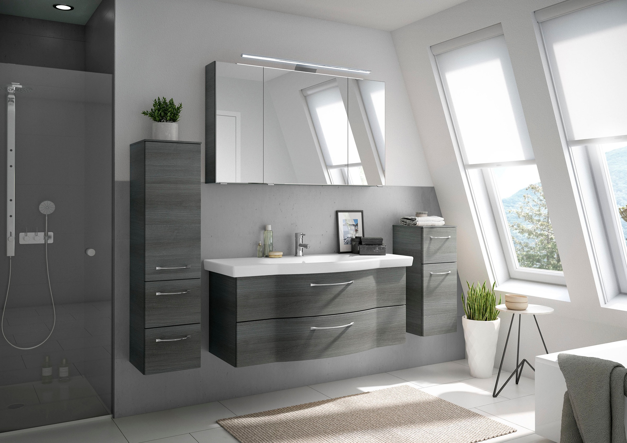 Saphir Badmöbel-Set »6005 Sprint 4-teilig, Keramik-Waschtisch mit LED-Spiegelschrank«, (5 St.), Unterschrank, Midischrank, inkl. Türdämpfer, 5 Türen, 5 Schubladen
