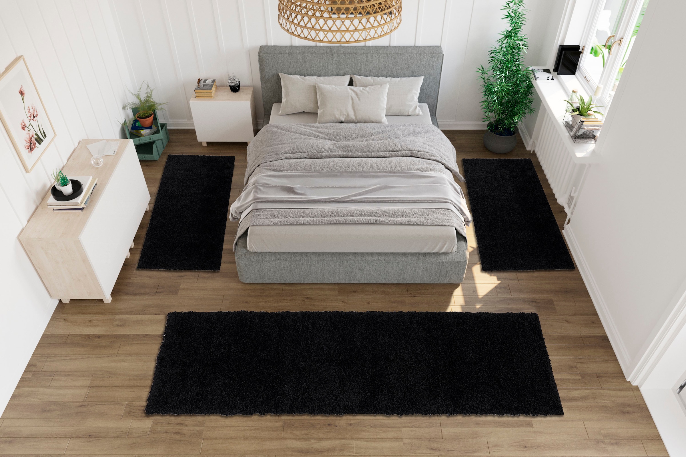 my home Bettumrandung »Shaggy 30«, (3 tlg.), gewebt, 2- oder 3-teilig, Bettvorleger, Läufer-Set, Uni-Farben