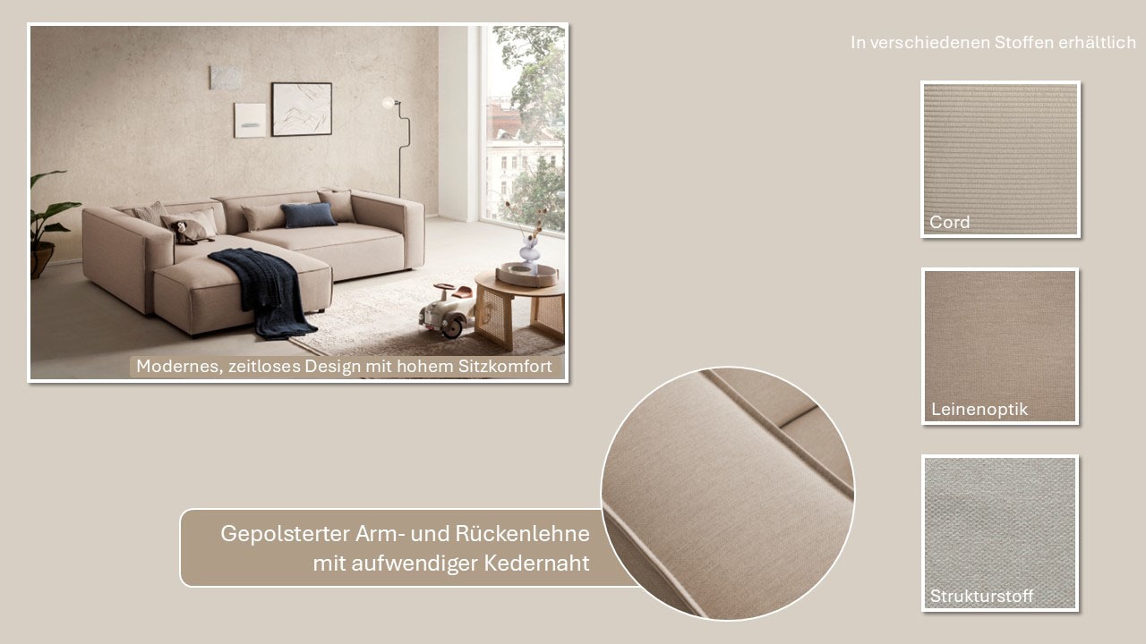 LeGer Home by Lena Gercke Polsterecke »PIARA XXL, L-Form mit Schlaffunktion, Big-Sofa in Cord o. Leinenoptik«, Hocker stellbar zum Schlafsofa (Krokodilverbinder), tiefe Sitzfläche