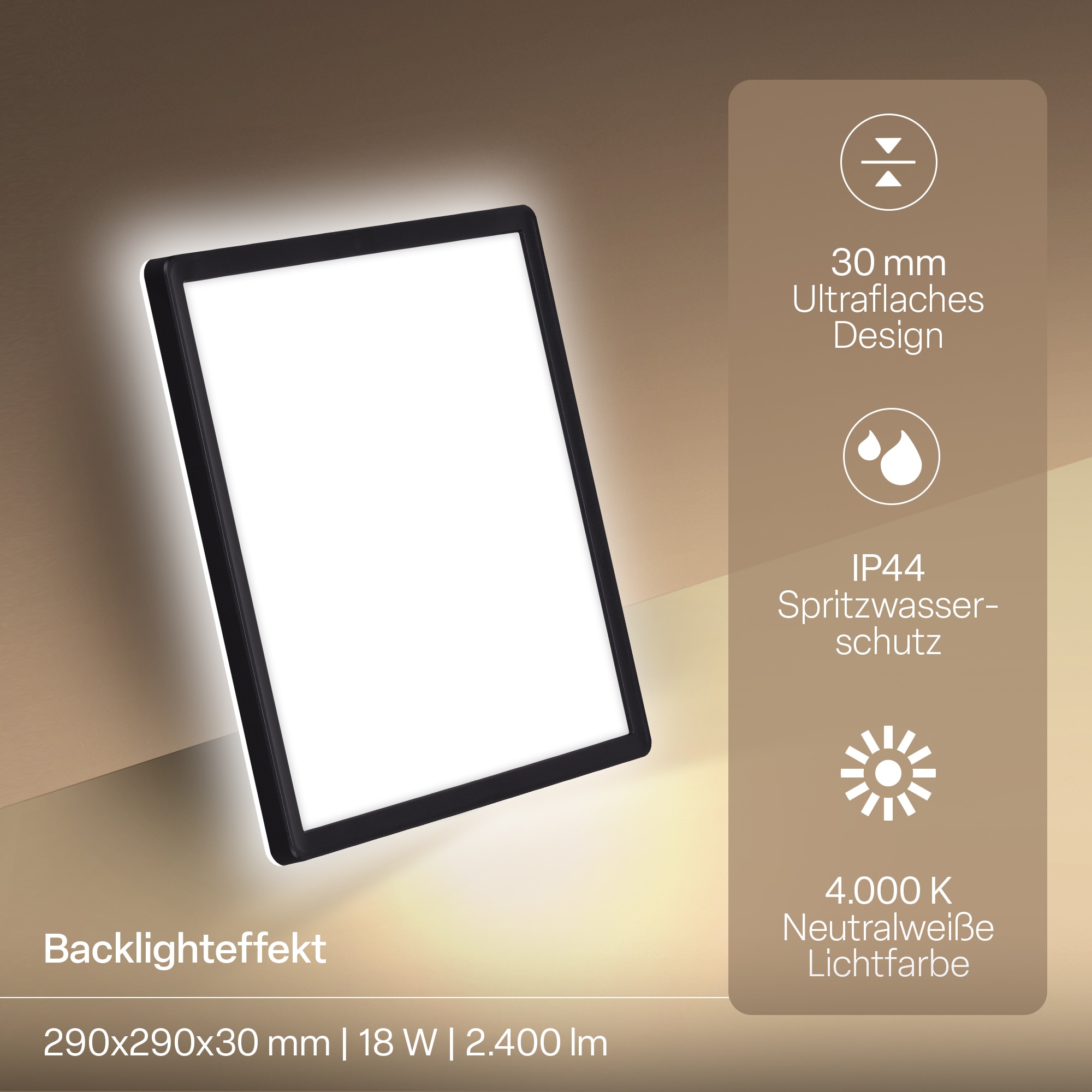 B.K.Licht LED Panel »SHALLOW« LED-Board 1 Stk. Neutralweiß 29x29x3 cm, Badlampe, Badezimmer, Küche, Wohnzimmer