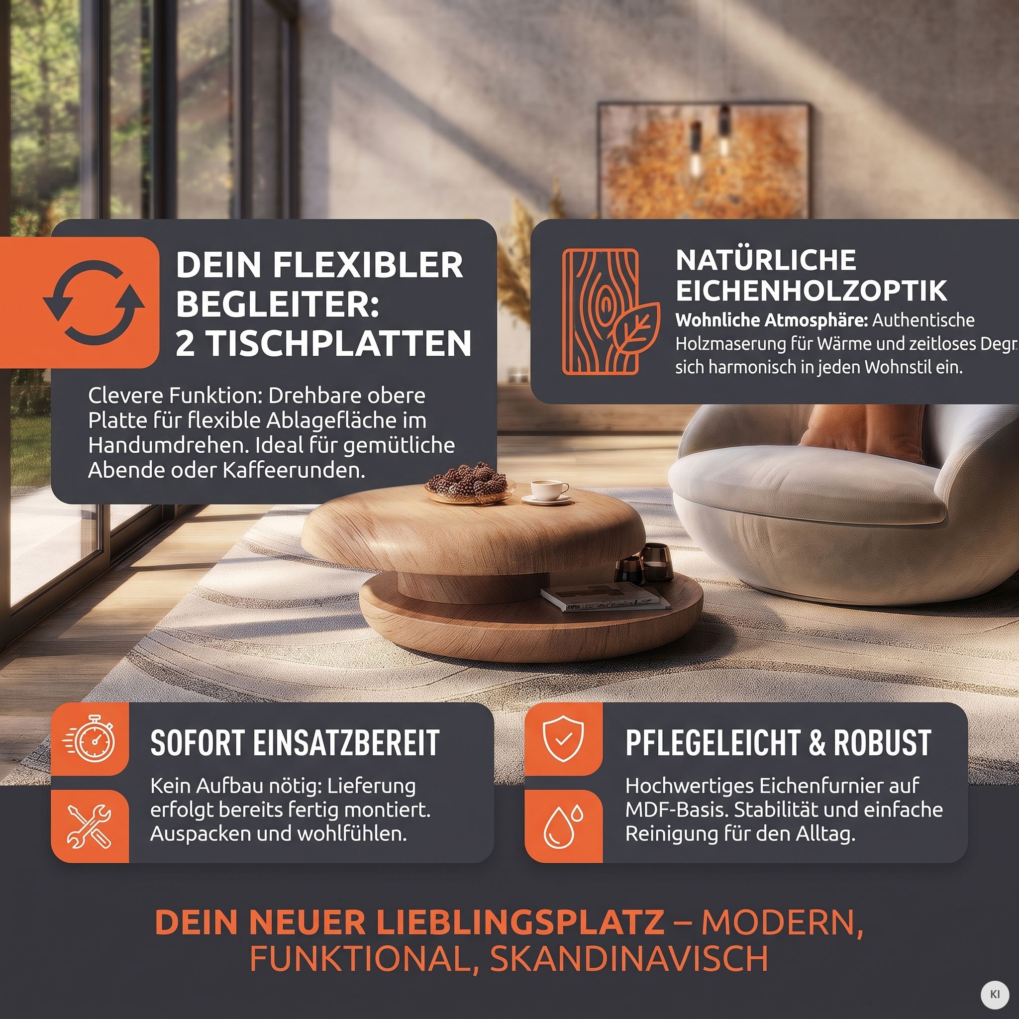 SalesFever Couchtisch »drehbar - runder Design-Wohnzimmertisch aus Holz« 1 Stk. tlg. Stilvoller & moderner Tisch mit Echtholzfurnier, Ø 90 cm