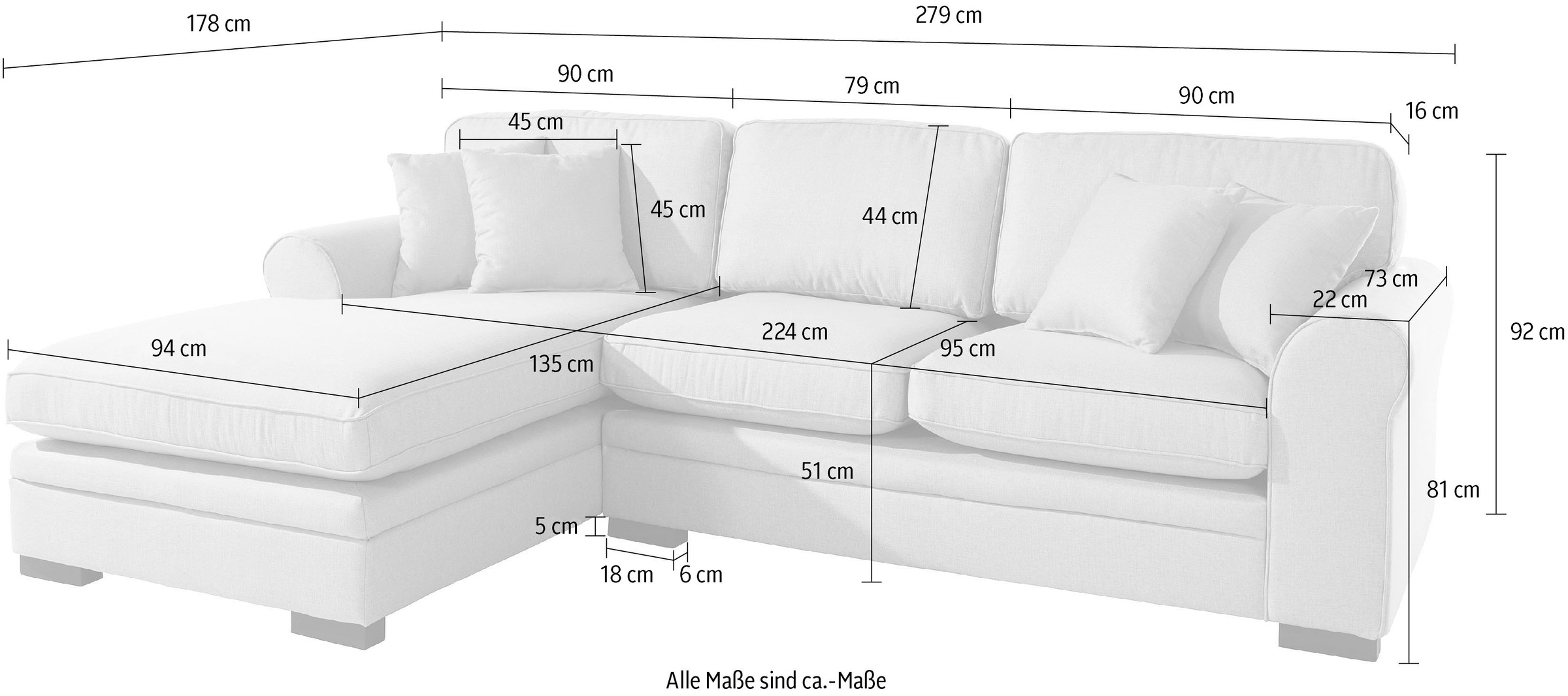 Home affaire Ecksofa »Broughton L-Form« weicher Sitzkomfort, incl. 4 Zierkissen, Keder