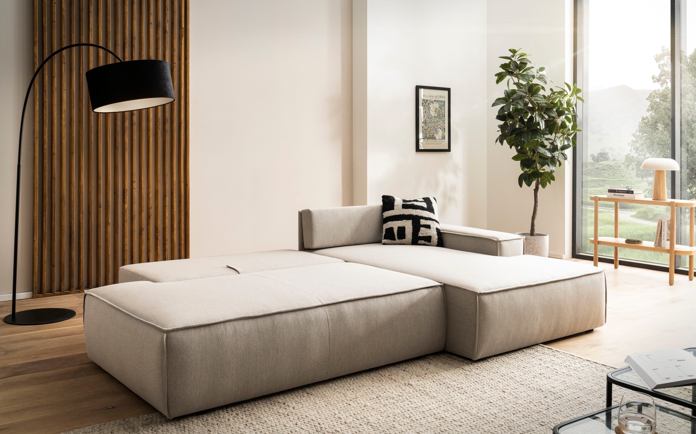 OTTO home Ecksofa »SHERWOOD Leinenoptik  Schlafsofa in L-Form offen (275cm)« Schlaffunktion und Bettkasten, Kedernaht, hoher Sitz- & Liegekomfort,