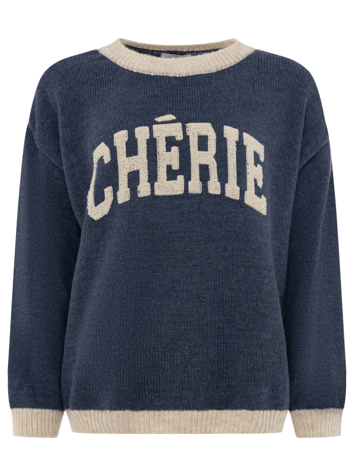 Zwillingsherz Strickpullover »"Cherie"« Rundhals, farbig abgesetzte Kanten, Schriftzug, One Size