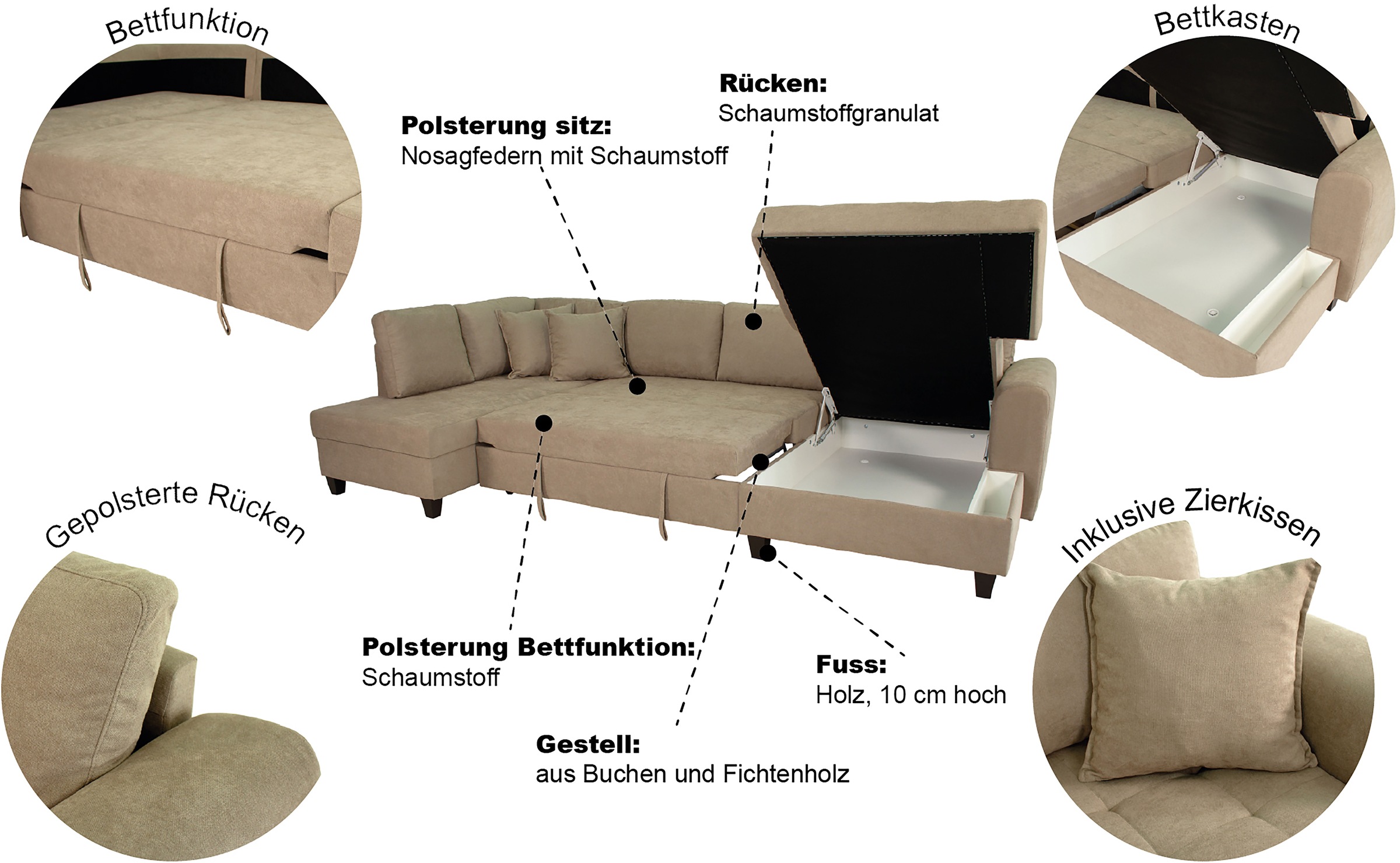 Trends by HG Wohnlandschaft »Moritz, U-Form« inkl. Bettfunktion und Bettkasten, inkl. 2 Zierkissen