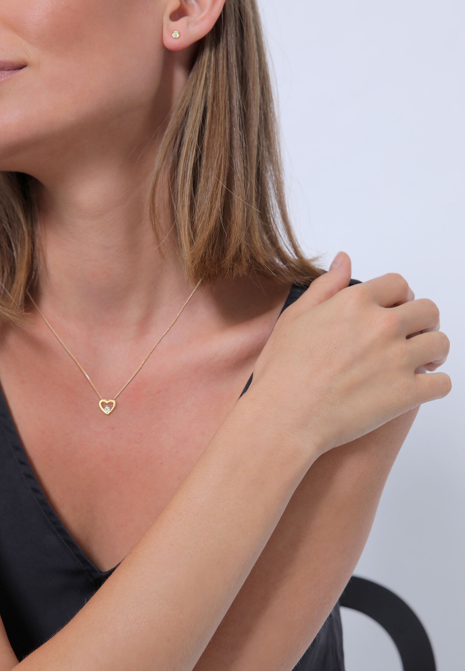 Elli DIAMONDS Ohrring und Ketten Set »Schmuckset Herz Diamant Weiß Brillantschliff (0.09 ct) 585 Gelbgold«