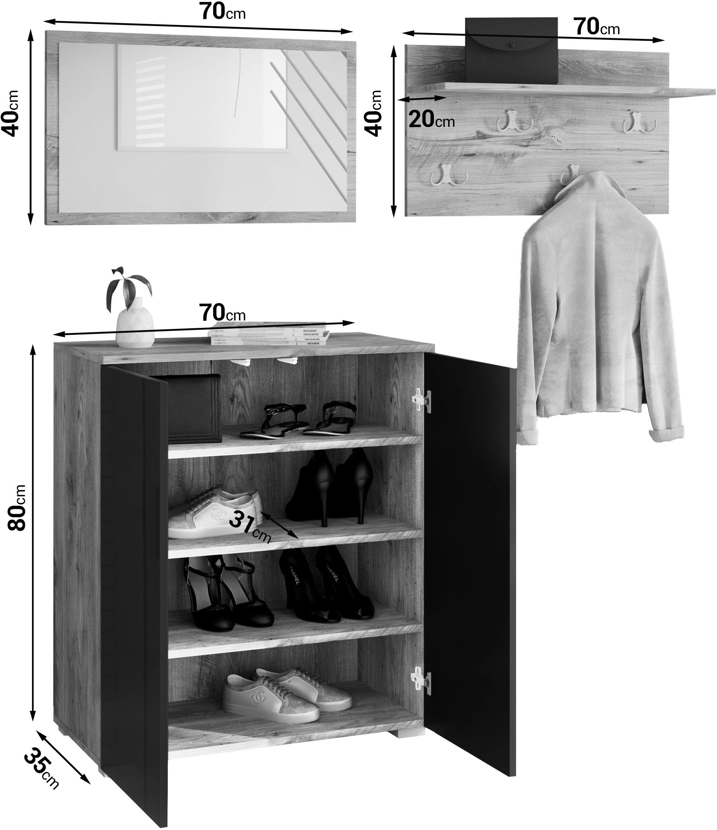 INOSIGN Garderoben-Set »PARIS/ TOKYO«, (Komplett-Set, 3 St.), Kompaktgarderobe Breite 150cm mit Spiegel für Ihren Eingangsbereich