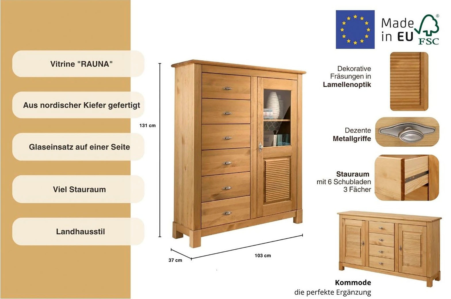 Home affaire Highboard »Rauna«, Vitrine, Breite 103 cm, FSC®-zertifiziertes Massivholz