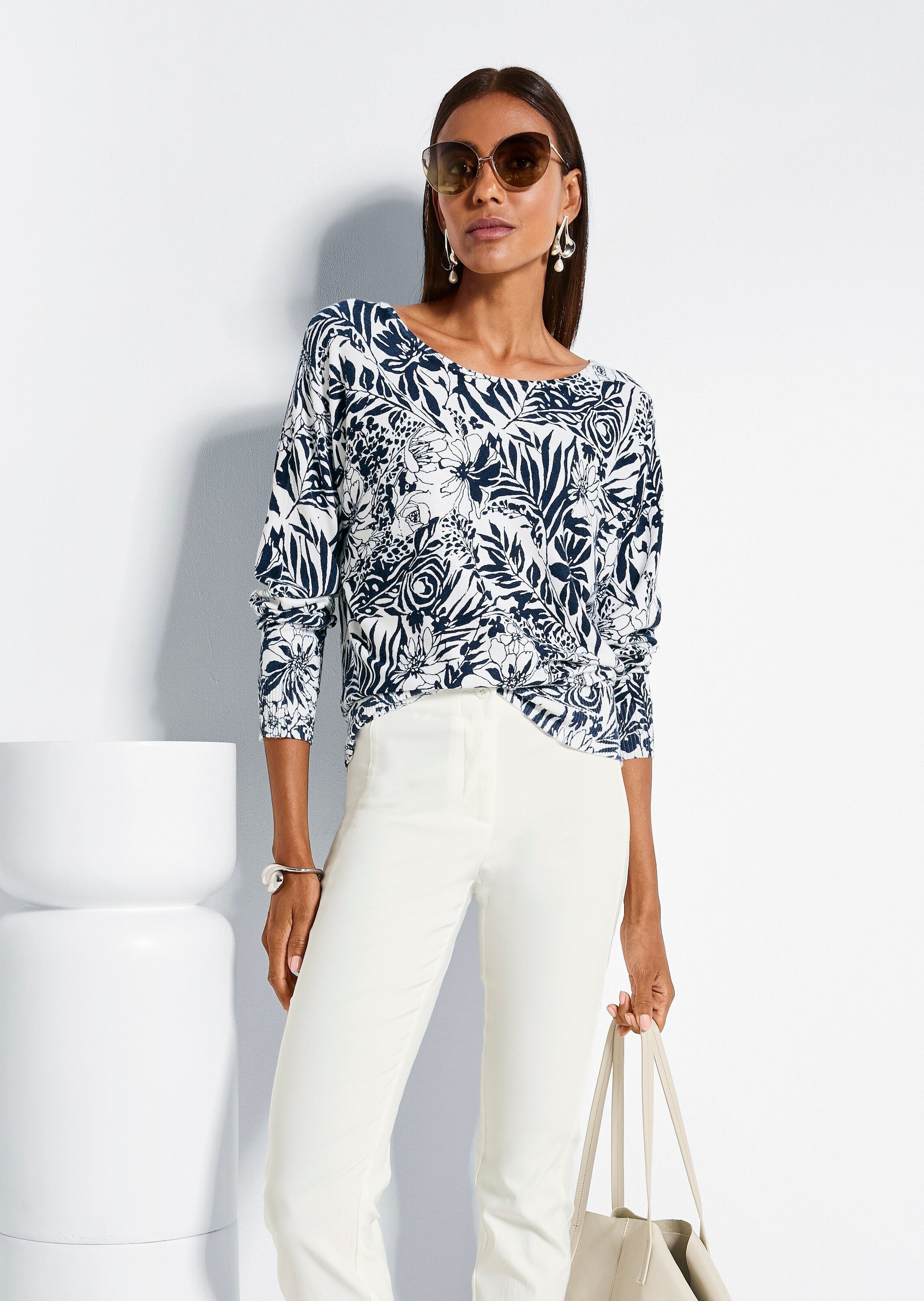 MADELEINE Longpullover »Feinstrickpullover Viskoseshirt mit floralem Muster« Rippenbündchen