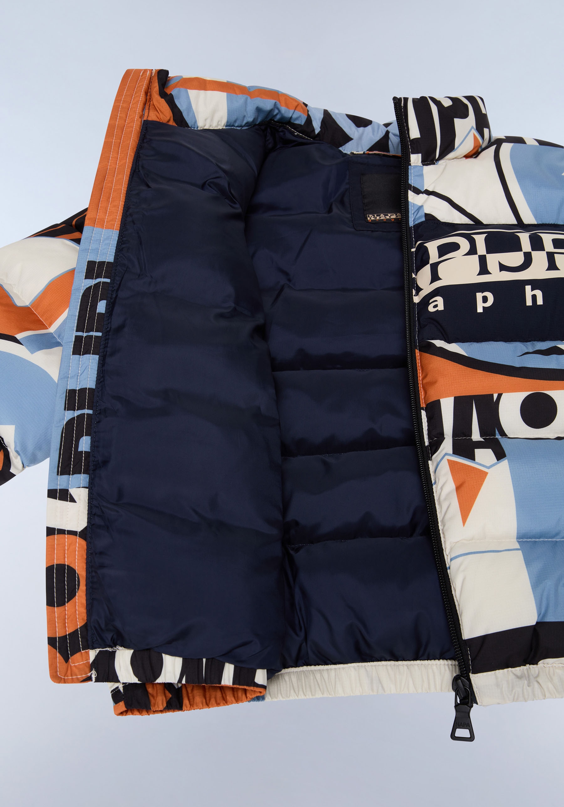 Napapijri Winterjacke, ohne Kapuze, Stehkragen, Alloverprint, elastische Bündchen