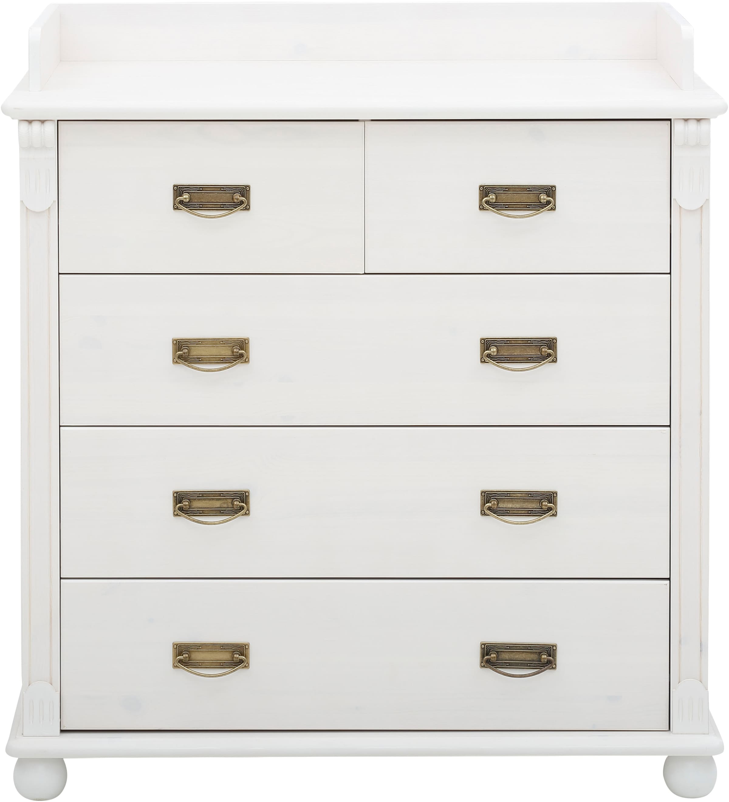 Lüttenhütt Babyzimmer-Komplettset »Aimo, luxoriöser Landhausstil, Messinggriffe,«, (Spar-Set, 3 tlg., Kinderbett, Wickelkommode, Unterbauregal, 5 Schubladen), aus Massivholz; FSC®-Holz aus gewissenhaft bewirtschafteten Wäldern