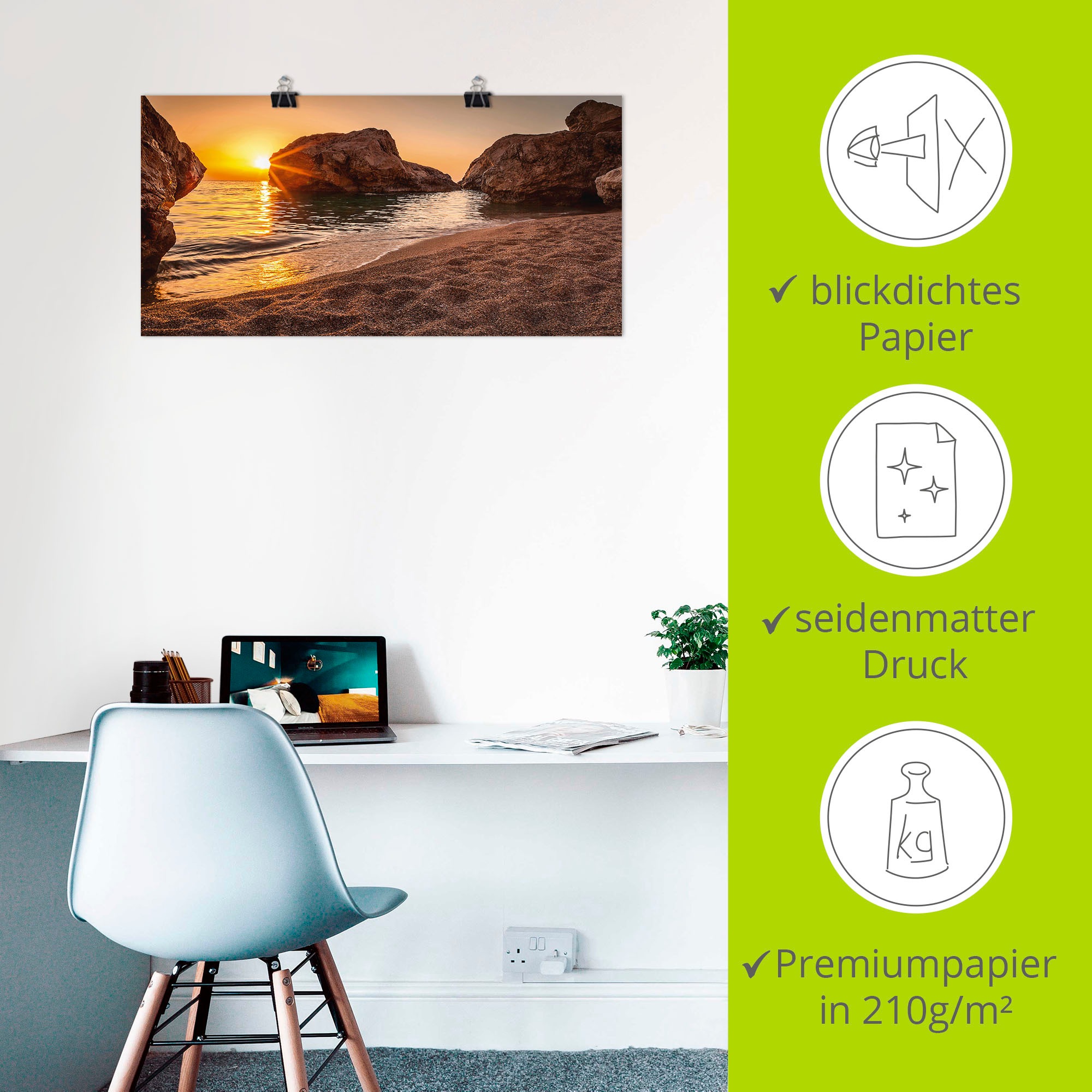 Artland Wandbild »Sonnenuntergang und Strand«, Strand, (1 St.), als Alubild, Outdoorbild, Leinwandbild, Poster, Wandaufkleber